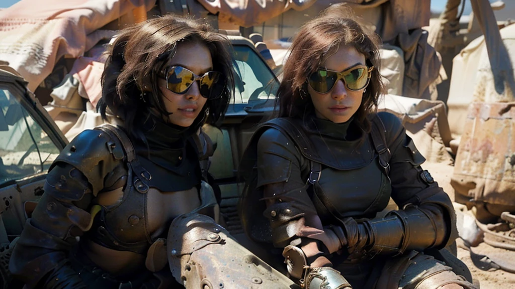 A beautiful lady , (Sarah Jordan look-alike) tall and lean, with sun-weathered skin and eyes the color of desert sand. black short hair, her wiry frame is clad in worn leather armor, wide-lens copper goggles strap on her forehead, post - apocalyptic cowgirl, cyberpunk wild west, in mad max style, 8k wild west, Sarah Jordan as leeloo, alita battle angel, space western, mad max style, etched with determination., 8k, best quality, award winning, high details, super detail, textured skin, anatomically correct, UHD, sitting on a desert beside the old abandoned tent with other 3 companions around, blurred focus background, no twinning of character