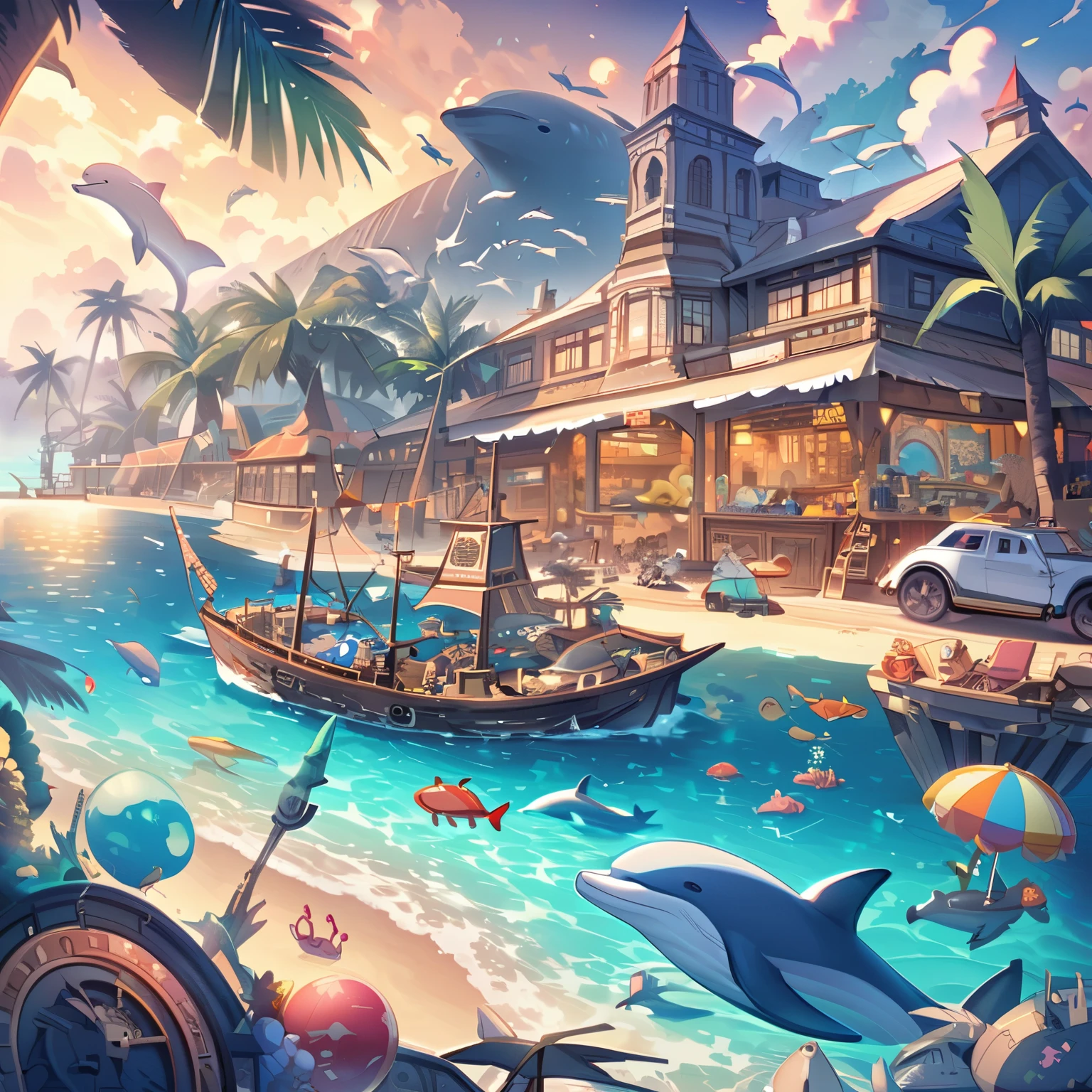 "Create illustrations of seaside scenes, Sea of night,whales, dolphins, crabs, palm trees, ships, and a world of playful and colorful toys."