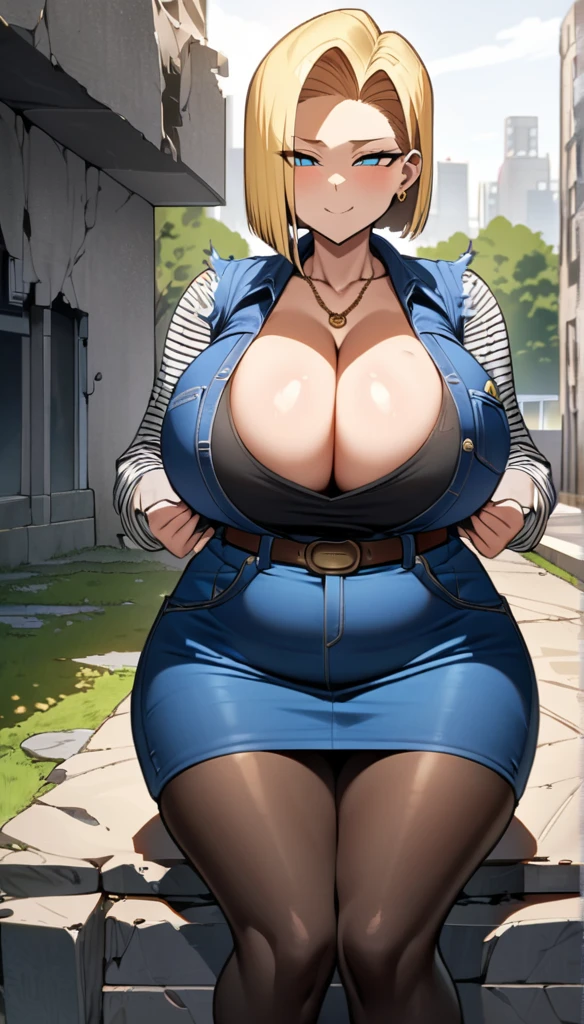 best quality, high-res, and18, 1girl, android 18, solo, blonde hair, blue eyes, belt, tight blue demin skirt, gold necklace, black shirt, short hair, long sleeves, striped sleeves, earrings, open vest, blue denim vest, massive fat breasts, cowboy shot, city park, straight-on, sitting, full length pantyhose, battle ruins, very wide hips, torn clothes, sultry smile, very deep cleavage, massive wide fat round ass, big chubby belly, sexy very curvy very chubby very motherly body, slight blushing, bedroom eyes,