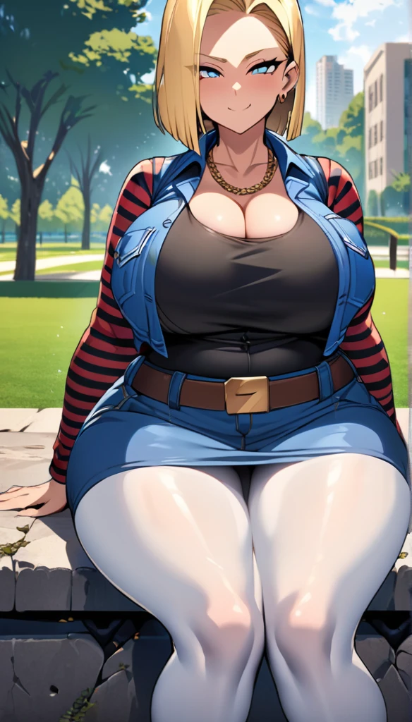 best quality, high-res, and18, 1girl, android 18, solo, blonde hair, blue eyes, belt, tight blue demin skirt, gold necklace, black shirt, short hair, long sleeves, striped sleeves, earrings, open vest, blue denim vest, massive fat breasts, cowboy shot, city park, straight-on, sitting, full length pantyhose, battle ruins, very wide hips, torn clothes, sultry smile, very deep cleavage, massive wide fat round ass, big chubby belly, sexy very curvy very chubby very motherly body, slight blushing, bedroom eyes,