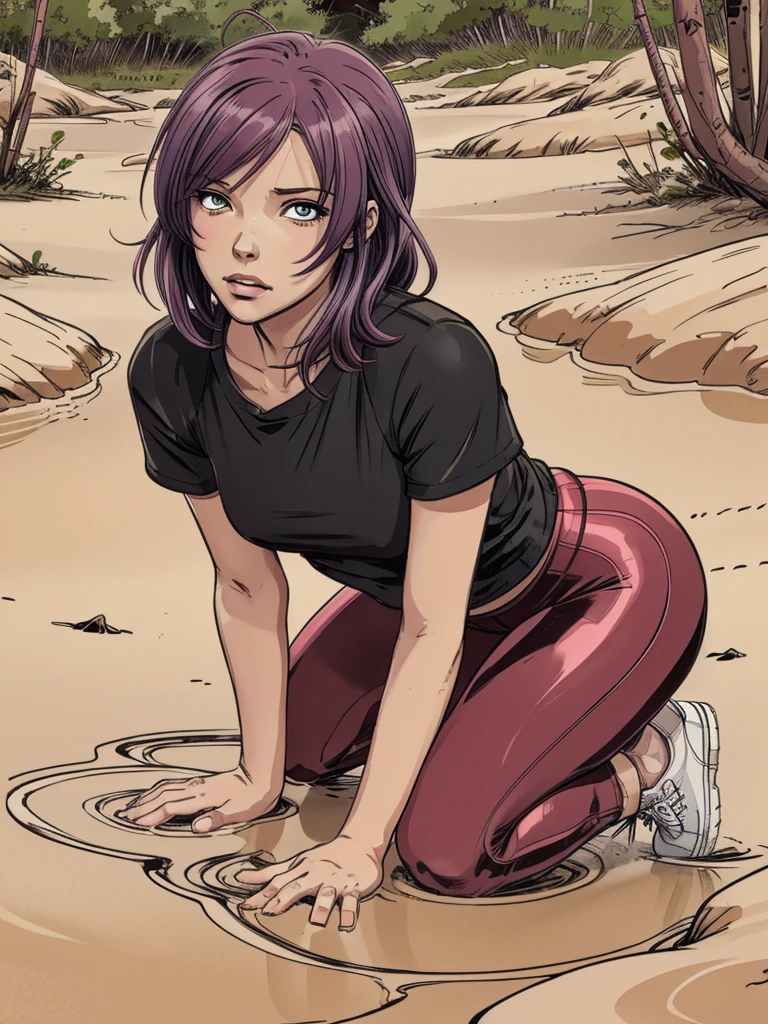 vector image, close-up, anime, junior girl,colored hair, gloomy orgasm,blush, sporty leggings, sporty near quicksand bog,red,sneakers, provocative photo session,