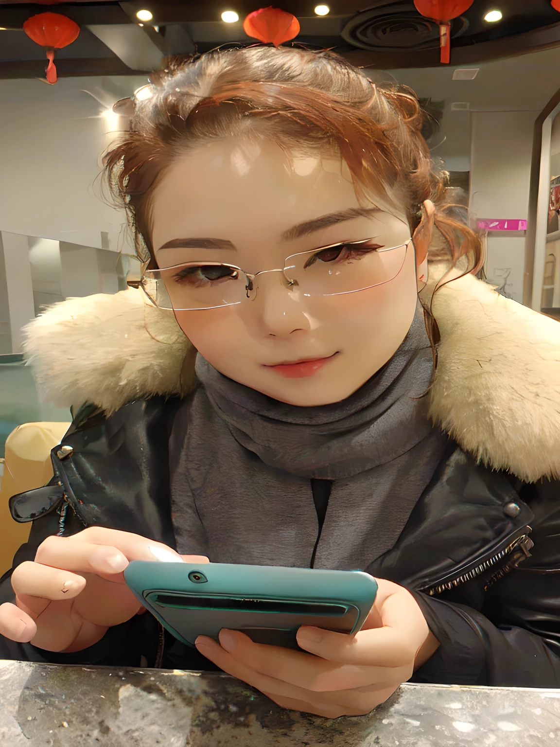 arafed young woman in glasses looking at a cell phone, wearing thin large round glasses, sangsoo jeong, wearing glack glasses, with glasses, with black eyeglasses, heonhwa choe, korean woman, !!wearing modern glasses!!, wearing round glasses, with square glasses, wearing black frame glasses, wearing small round glasses, wearing square glasses