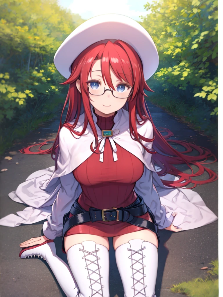 masterpiece、highest quality、High resolution、Very detailed、Medium wide shot、Mature Woman、(aty, long hair, blue eyes, red hair、Hair between the eyes)、Big Breasts、thighhighs, hat, dress, boots, glasses, belt, cape, sweater, zettai ryouiki, beret, thigh boots, white footwear, ribbed sweater, loose belt、Sitting、Tilt your head、Staring diagonally up、Looking up、Embarrassed、椅子にSitting、Smiling、Hands between legs、Chest pulled together、