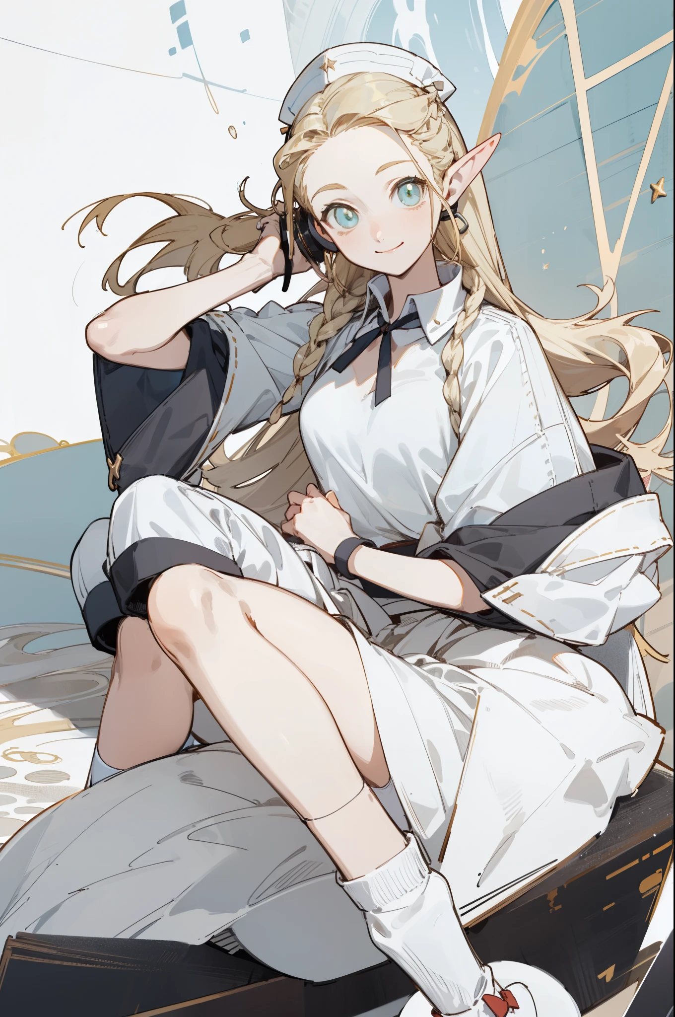 Wearing a bikini、Wearing a hat and a sword, Wearing headphones,(masterpiece, best quality) detailed,silver accessories , Blonde ,elegant, Pointed ears ，White shirt，shorts，Double tail，Waist-length hair，Smile，Star decoration，White lace socks，Angel，Maid服装，Maid