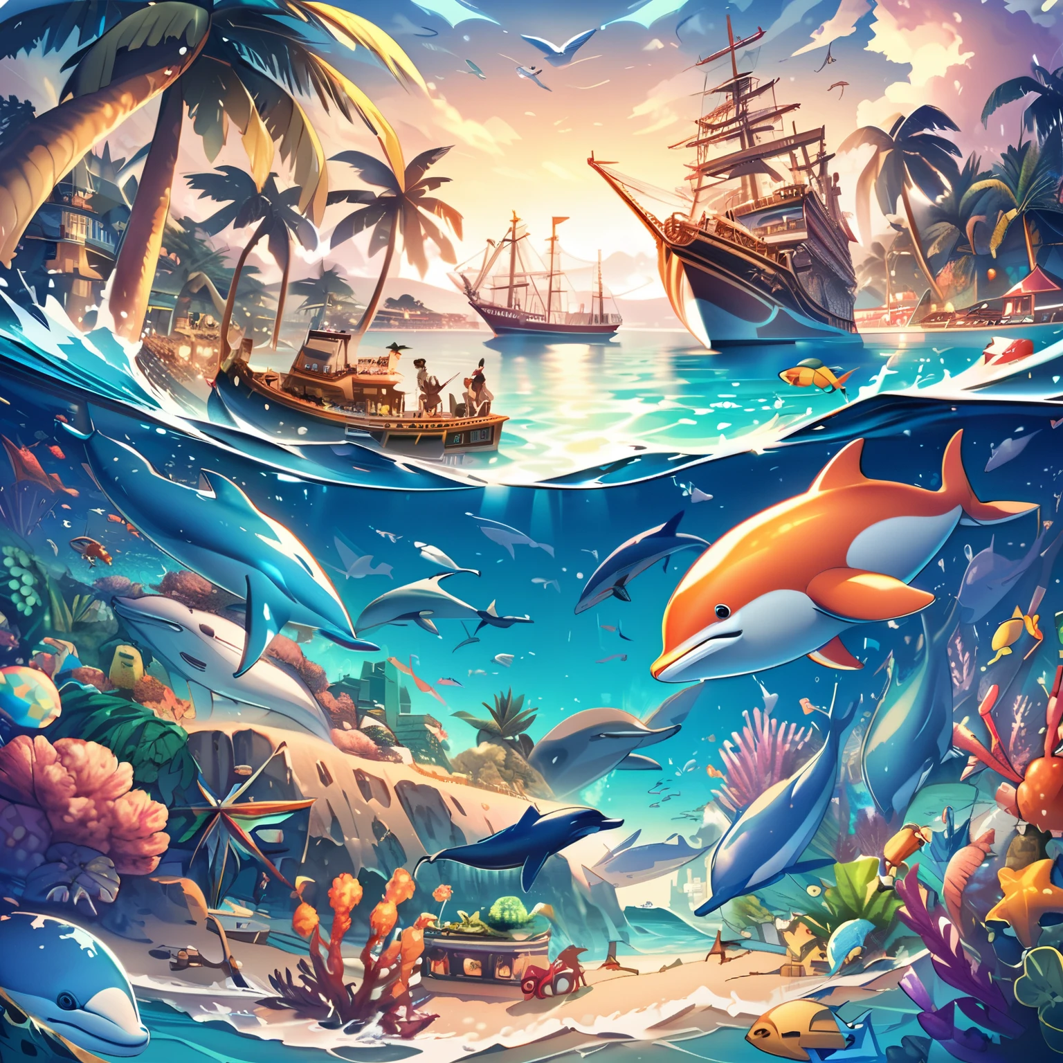 "Create illustrations of seaside scenes, Sea of night,whales, dolphins, crabs, palm trees, ships, and a world of playful and colorful toys."
