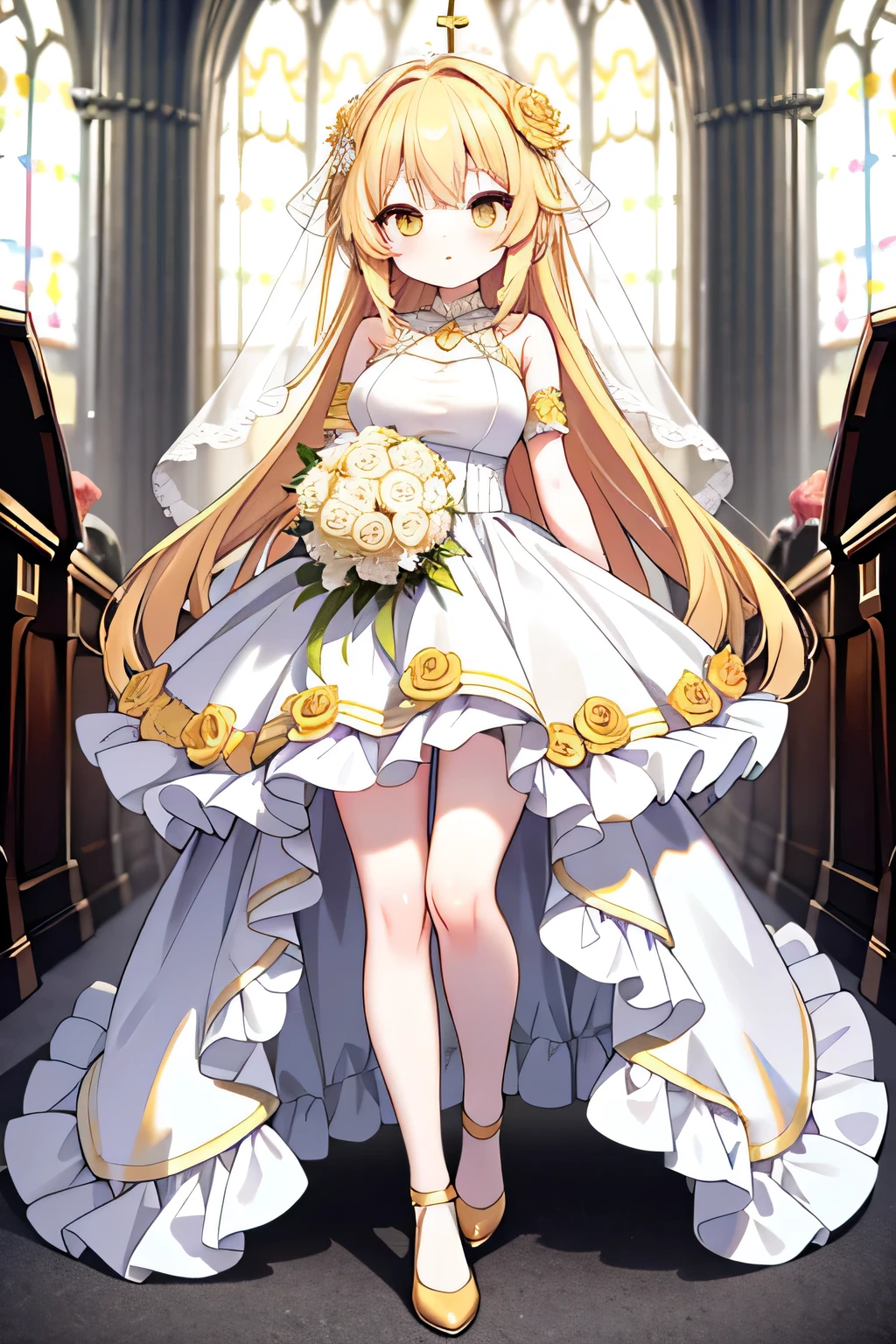 full body short yellow eyes long yellow hair wedding dress church big breasts cute best quality baby face bouquet