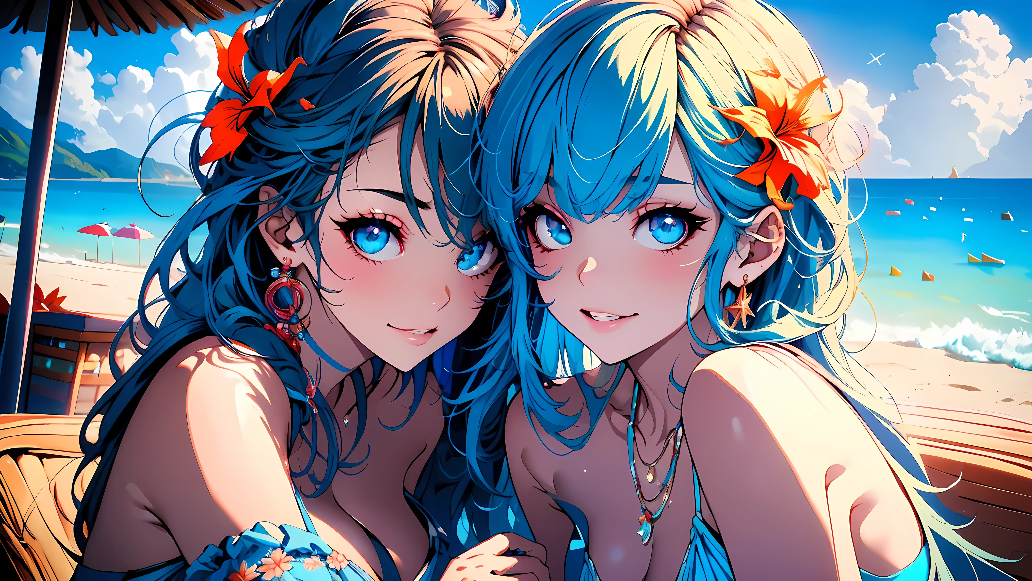 (best quality,4k,8k,highres,masterpiece:1.2),ultra-detailed,(realistic,photorealistic,photo-realistic:1.37),exquisite detailed face,feminine beauty,beautiful detailed eyes,beautiful detailed lips,girl with long flowing hair,
sun-kissed skin,beach goddess,vibrant colors,serene atmosphere,
[relaxing] beach chairs, [colorful] beach umbrellas, [glistening] ocean waves, [luxurious] sun loungers, [crystal-clear] blue sky,
2girls in trendy bikinis, [stylish] beach fashion,
playful poses, [joyful] laughter, [carefree] expressions,
[breathtaking] tropical scenery, [palm-fringed] white sandy beach, [clear turquoise] water,
[gentle] ocean breeze, [soft] sunlight casting long shadows,
[tropical paradise] vibes, [energetic] beach activities,
[stylish and luxurious] beach resort,
[energetic and vibrant] beach party,
[stylish and trendy] beach cocktails,
[exotic and flavorful] beach cuisine,
[captivating] entertainment and performances,
[exciting and unforgettable] beach memories.