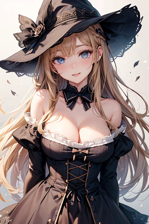 1girl, hat, rating:safe, solo, long_hair, flower, smile, blue_eyes, looking_at_viewer, bare_shoulders, parted_lips, lace_trim, black_headwear, white_flower, forehead, hat_ribbon, hat_flower, breasts, light_particles, sun_hat, upper_body, brown_hair, lips, witch_hat, mole_under_eye, jewelry, bangs, half-closed_eyes, hat_bow, cleavage, blonde_hair, lace, portrait, head_tilt, bonnet, large_hat, ribbon, shade, vertical_stripes, straw_hat, large_breasts, white_rose, striped