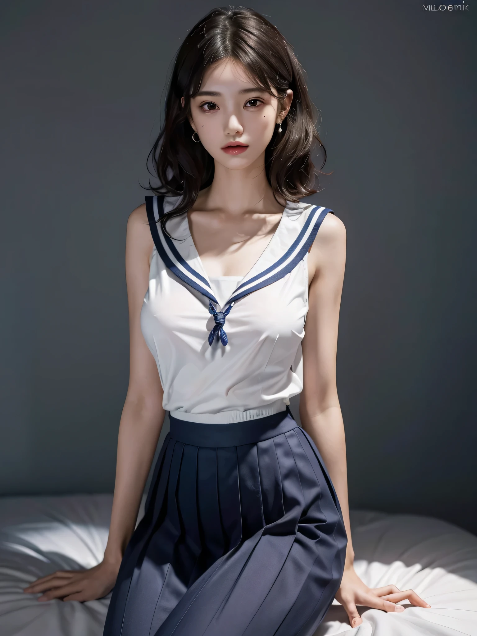 absurdres, RAW photo, extremely delicate and beautiful, masterpiece, Best Quality, ultra high resolution, 32k, hyperrealistic, ultra-detailed, perfect anatomy, perfect figure, super Detailed skin, 20 years old, very Slim body, narrow waist, very small head, very small face, delicate facial features, tearful mole, earring, ((very huge round breasts)), short medium hair, ((wavy hair)), ((full body shot)), ((sailor uniform)),