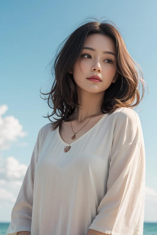 masterpiece, (best quality, highres:1.3), detailed, 1girl, upper body, relaxed pose, gaze into the distance, calm aura, wavy medium hair, tunic, chestnut color hair, hair sways in the gentle breeze, necklace, sky and cloud, faint smile, incredibly beautiful, (SFW)