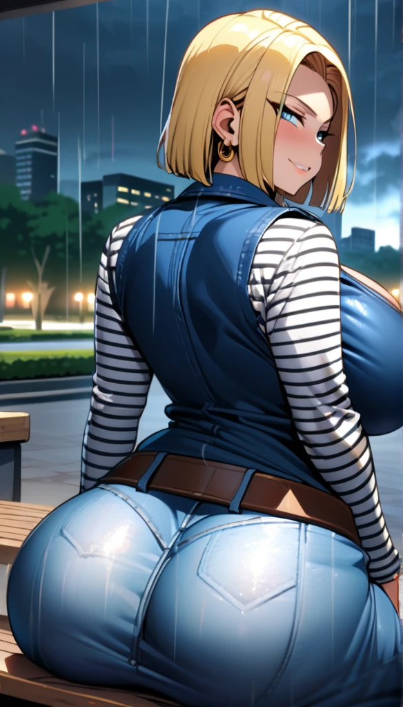 best quality, high-res, and18, 1girl, android 18, solo, blonde hair, blue eyes, belt, tight blue demin skirt, gold necklace, black shirt, short hair, long sleeves, striped sleeves, earrings, open vest, blue denim vest, massive breasts, cowboy shot, city park, (weather: raining), sitting, full length pantyhose, very wide hips, torn clothes, sultry smile, very deep cleavage, massive wide fat round ass, chubby belly, sexy very curvy very chubby very motherly body, slight blushing, bedroom eyes, from behind, looking back,