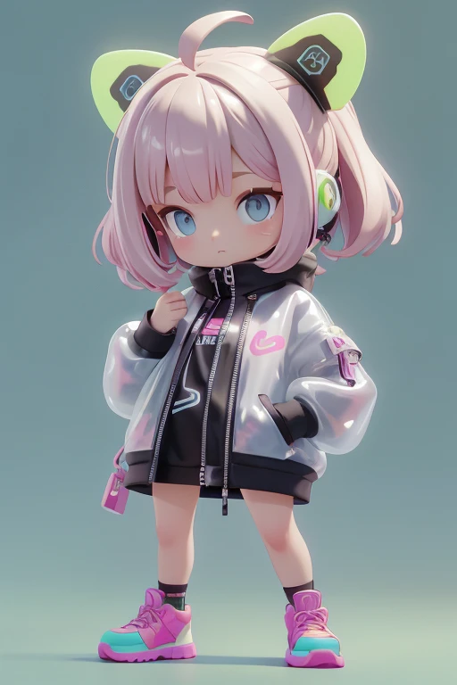 Cute  wrapped in transparent plastic, chibi, fluorescent translucent sports fashion trend clothing, wearing Nike shoes, candy color, simple and bright background, 3D toys, cyberpunk style, cinema4d, octane render, 3d model, collectible toys,Nendoroid,streetstyle,Pixar,big shoes , fashion trends, close-up, full body --ar 3:4 --q 2 50 --niji 5 --niji 5 --s 100 --style expressive --s 2, under view, shy