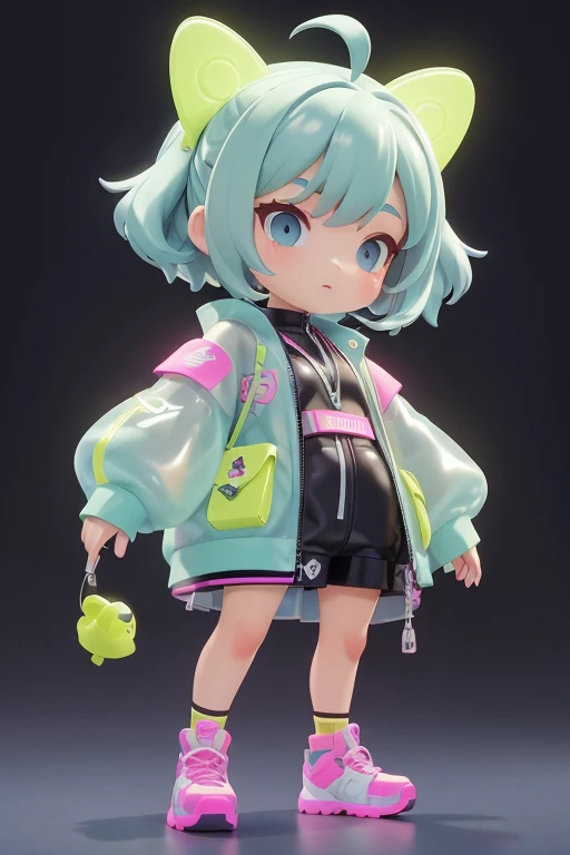 Cute  wrapped in transparent plastic, chibi, fluorescent translucent sports fashion trend clothing, wearing Nike shoes, candy color, simple and bright background, 3D toys, cyberpunk style, cinema4d, octane render, 3d model, collectible toys,Nendoroid,streetstyle,Pixar,big shoes , fashion trends, close-up, full body --ar 3:4 --q 2 50 --niji 5 --niji 5 --s 100 --style expressive --s 2, under view, shy