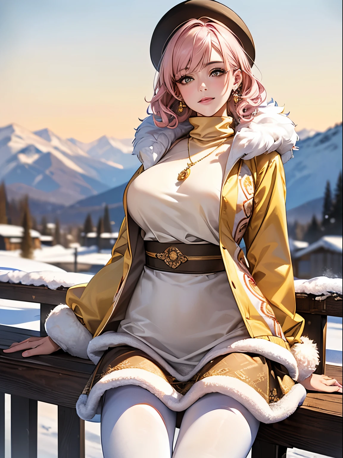 ((highest quality)),(超A high resolution),(Very detailed),(Detailed Description),((The best CG)),(masterpiece),Ultra-detailed art、(highest quality、8k、32k、masterpiece)、(Realistic)、(Realistic:1.2)、(High resolution)、Very detailed、Very beautiful face and eyes、1 female、((Big eyes:1.4、Fine grain))、Tight waist、Delicate body、(highest quality、Attention to detail、Rich skin detail)、(highest quality、8k)、Very detailed、(Realistic、Realistic:1.37)、Bright colors, ((short hair, Curly Hair, Light pink hair)), bangs, Brown eyes, Droopy eyes, Long eyelashes, (Medium breast:1.3), thin, hair ornaments, Lace-trimmed hairband, necklace, Earrings,
((yellow ski jacket:1.3)), (sweater, loose socks, The sleeves reach to the wrist, White Hat, Leg warmers, jewelry, Fur trim, Pom-pom (Clothes), socks, pantyhose, Long sleeve, bordered with white fur_boots),
(Beautiful views), evening, Mountain, snow, winter, (snowing:1.2), snowflakes, (Captivating smile)