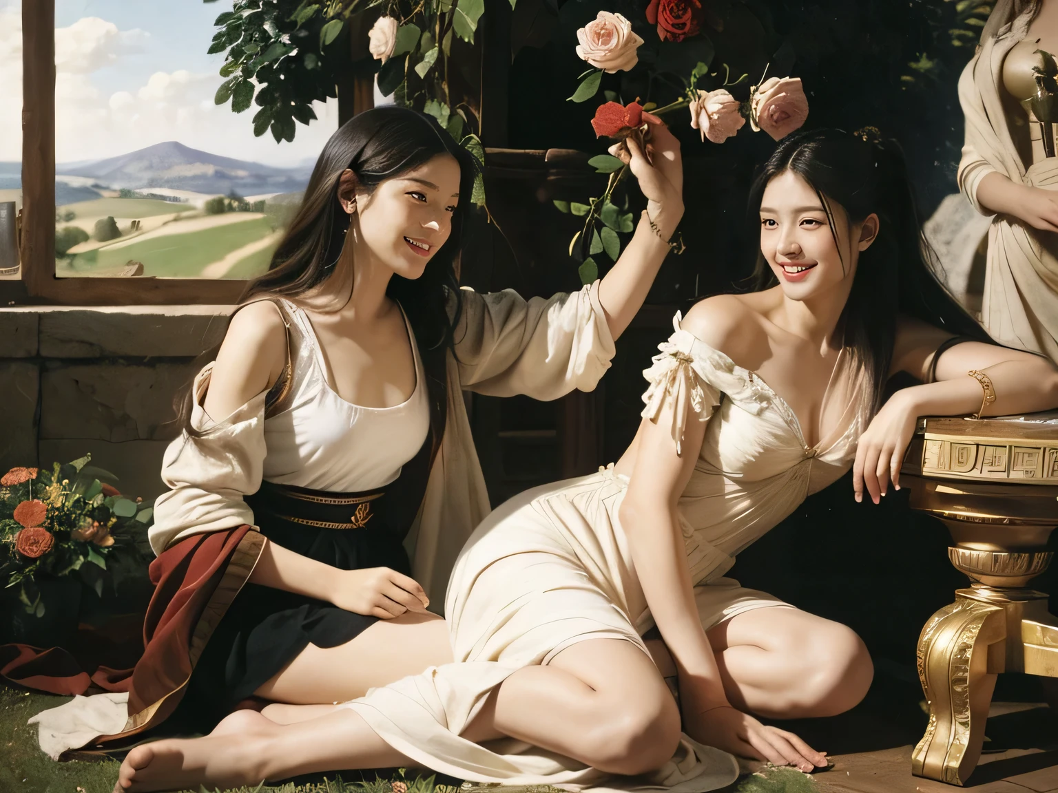 full body portrait or statue、Giorgione painting style,Arguments of two female Philosophe,math、astronomical machine、astronaut、roses in vase、fruits、Cute trinkets、smile、ancient greek costume、Ancient Roman landscape in the style of Nicolas Poussin,laughter,,Sweet and seductive appearance.、Caravaggio's paintings、Chiaroscuro of Caravaggio、hair tousled by the wind,Two women frolicking,cute smile, expression of ecstasy,Sexy,erotic,