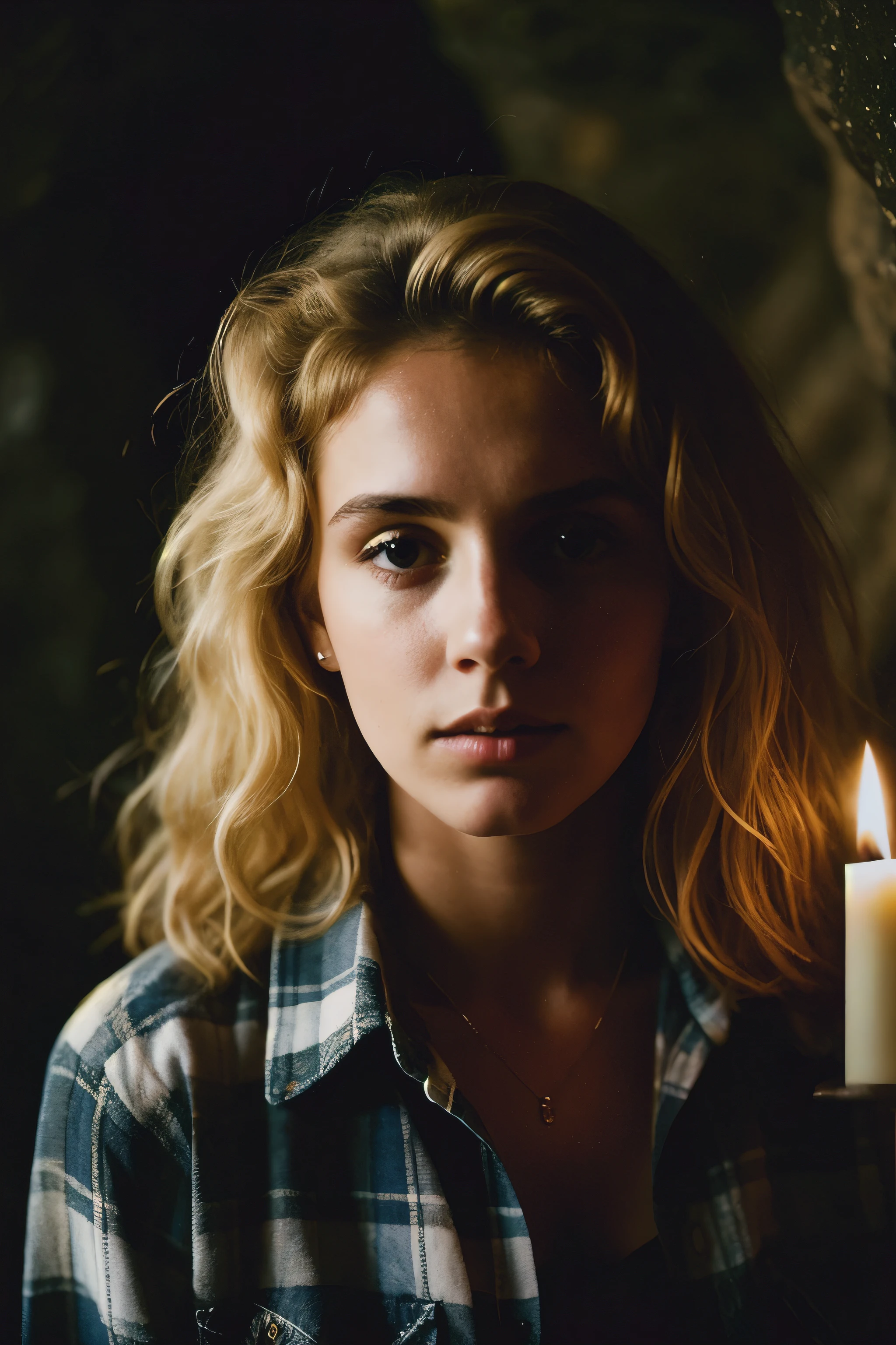 photograph of a woman, (troubled facial expression), textured skin, goosebumps, blonde afro hair, plaid flannel shirt with distressed boyfriend jeans, cowboy shot, dark and mysterious cave with unique rock formations and hidden wonders, perfect eyes, (candlelight,chiaroscuro), Porta 160 color, shot on ARRI ALEXA 65, bokeh, sharp focus on subject, shot by Don McCullin