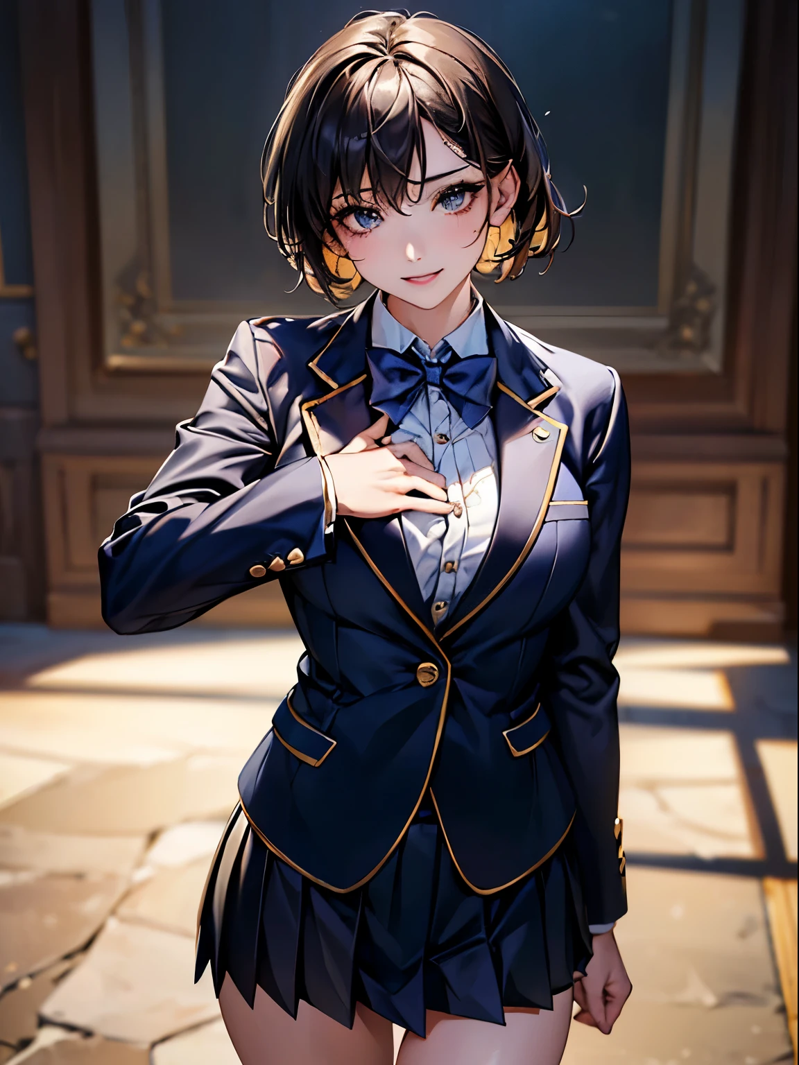 ((highest quality)),(超A high resolution),(Very detailed),(Detailed Description),((The best CG)),(masterpiece),Ultra-detailed art, short hair、(highest quality、8k、32k、masterpiece)、(Realistic)、(Realistic:1.2)、(High resolution)、Very detailed、Very beautiful face and eyes、((We say:1.6))、1 female、Tight waist、Delicate body、(highest quality、Attention to detail、Rich skin detail)、(highest quality、8k、Oil paint:1.2)、Very detailed、(Realistic、Realistic:1.37)、Bright colors、Perfect Face, Perfect Anatomy, Cute and symmetrical face, Shiny skin, 
Beautiful breasts, Beautiful thighs, Beautiful feet, Beautiful fingers, 
(((Navy Blazer:1.2, Navy Pleated Mini Skirt), Closed blazer, Grey bow tie, White collared shirt), Black thigh-high socks), 
(Beautiful views), Written boundary depth, morning, (Schoolyard), Are standing, (Place your hand on your chest), (Cute Smile, Open your mouth), 