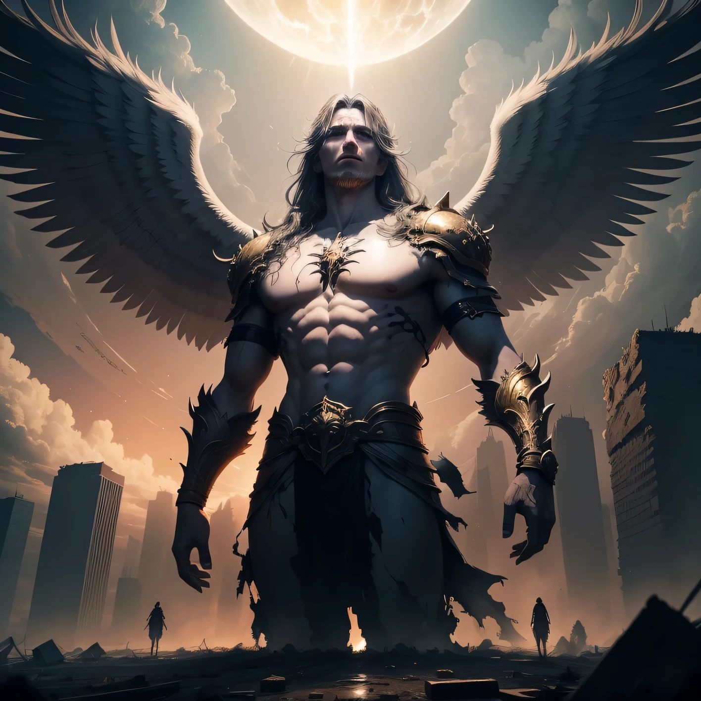 A divine being, revered as a God, soared high above a devastated landscape, his radiant wings casting golden glimmers on the ashen ground. Beneath him, the restless spirits of the deceased huddled together, their ghostly forms trembling in fear, as they watched the destruction unfold around them. The remnants of shattered buildings and scorched earth stretched out as far as the eye could see, a chilling reminder of the calamity that had befallen this once serene realm.