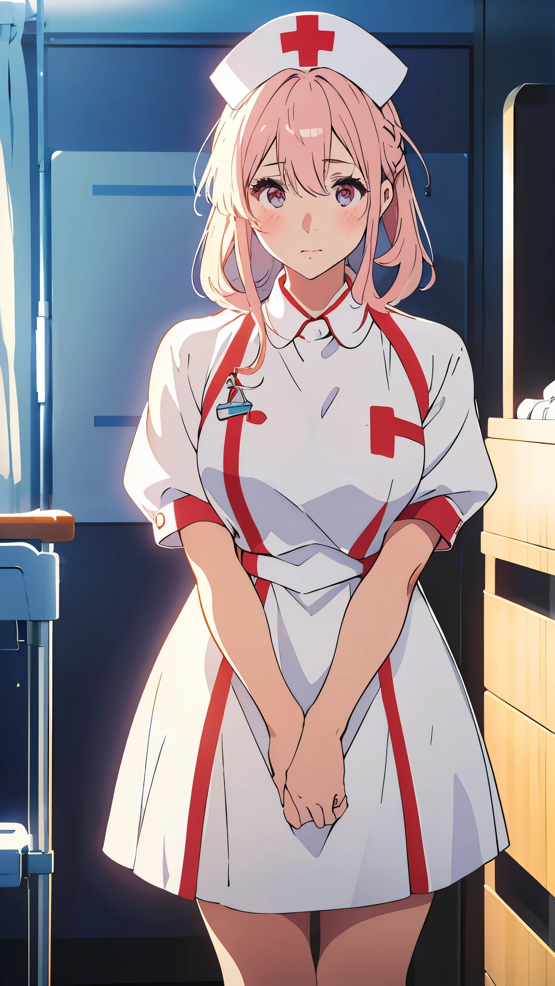 Girl1,Nurse,((wearing white, nurse cap,white legs, Zetai Ryuki)), white gloves, bending forward, blush, standing, ((hospital room)), short sleeves,Eyes droop,Sharp outline,super detail,high quality,high details,best quality,1080P