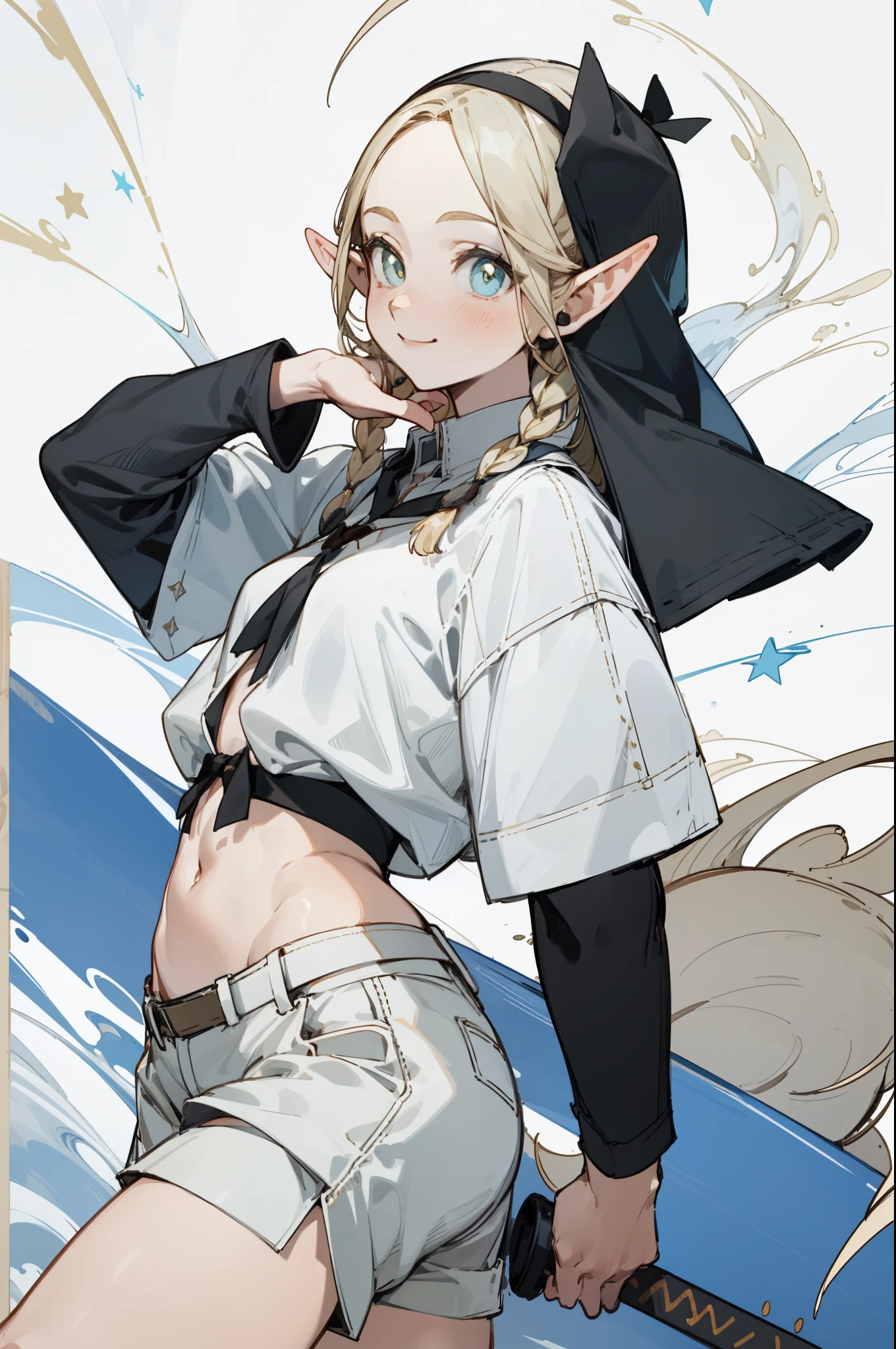 Wearing a bikini、Wearing a hat and a sword, Wearing headphones,(masterpiece, best quality) detailed,silver accessories , Blonde ,elegant, Pointed ears ,White shirt,shorts,Double tail,Waist-length hair,Smile,Star decoration,White lace socks,nun,Southern Hemisphere