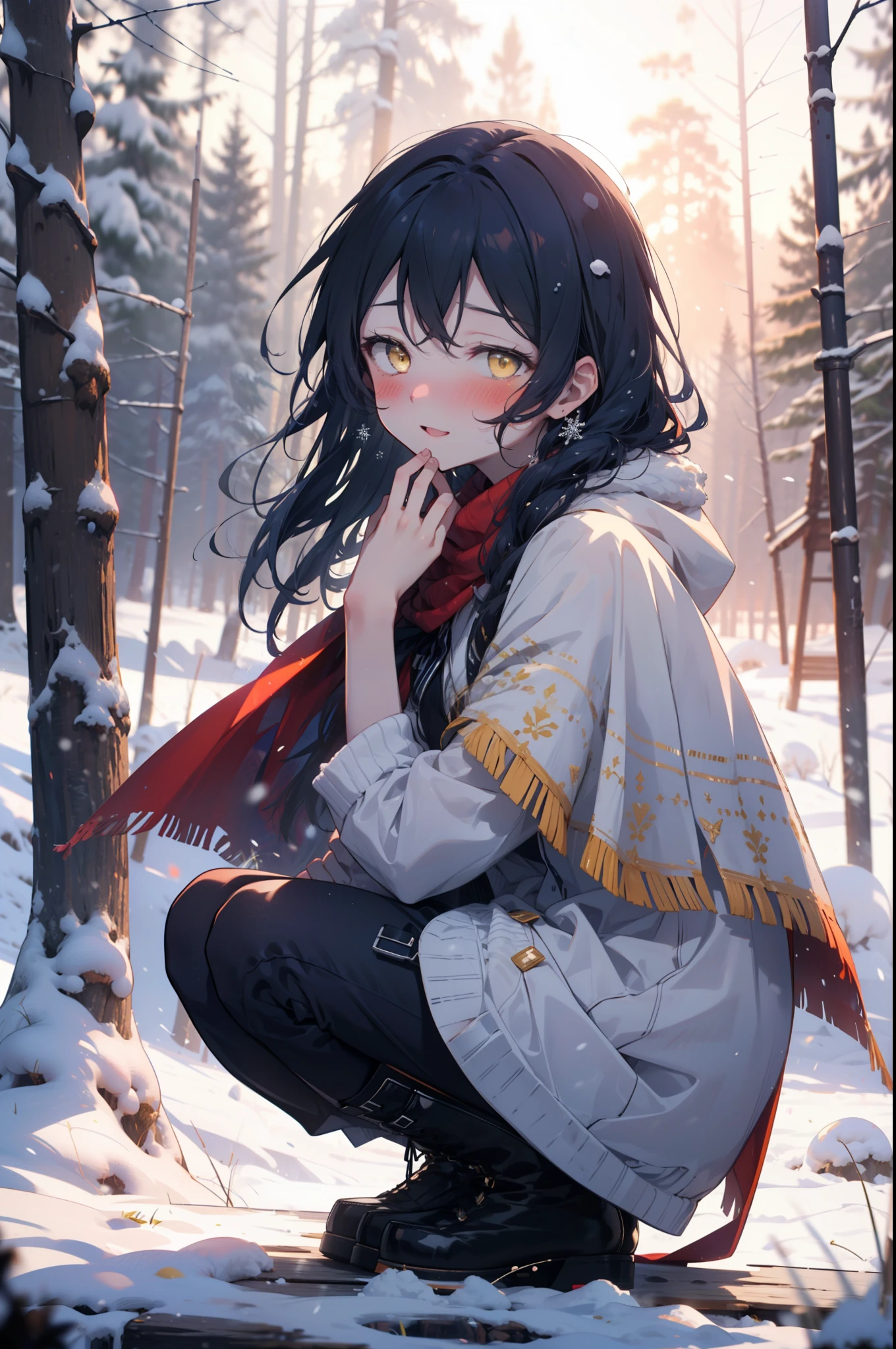 You are so kind, umi sonoda, Long Hair, Blue Hair, (Yellow Eyes:1.5) (Flat Chest:1.2),smile,blush,White Breath,
Open your mouth,snow,A bonfire on the ground, Outdoor, boots, snowing, From the side, wood, suitcase, Cape, Blurred, Increase your meals, forest, White handbag, nature,  Squat, Mouth closed, フードed Cape, winter, Written boundary depth, Black shoes, red Cape break looking at viewer, Upper Body, whole body, break Outdoor, forest, nature, break (masterpiece:1.2), highest quality, High resolution, unity 8k wallpaper, (shape:0.8), (Beautiful and beautiful eyes:1.6), Highly detailed face, Perfect lighting, Highly detailed CG, (Perfect hands, Perfect Anatomy),