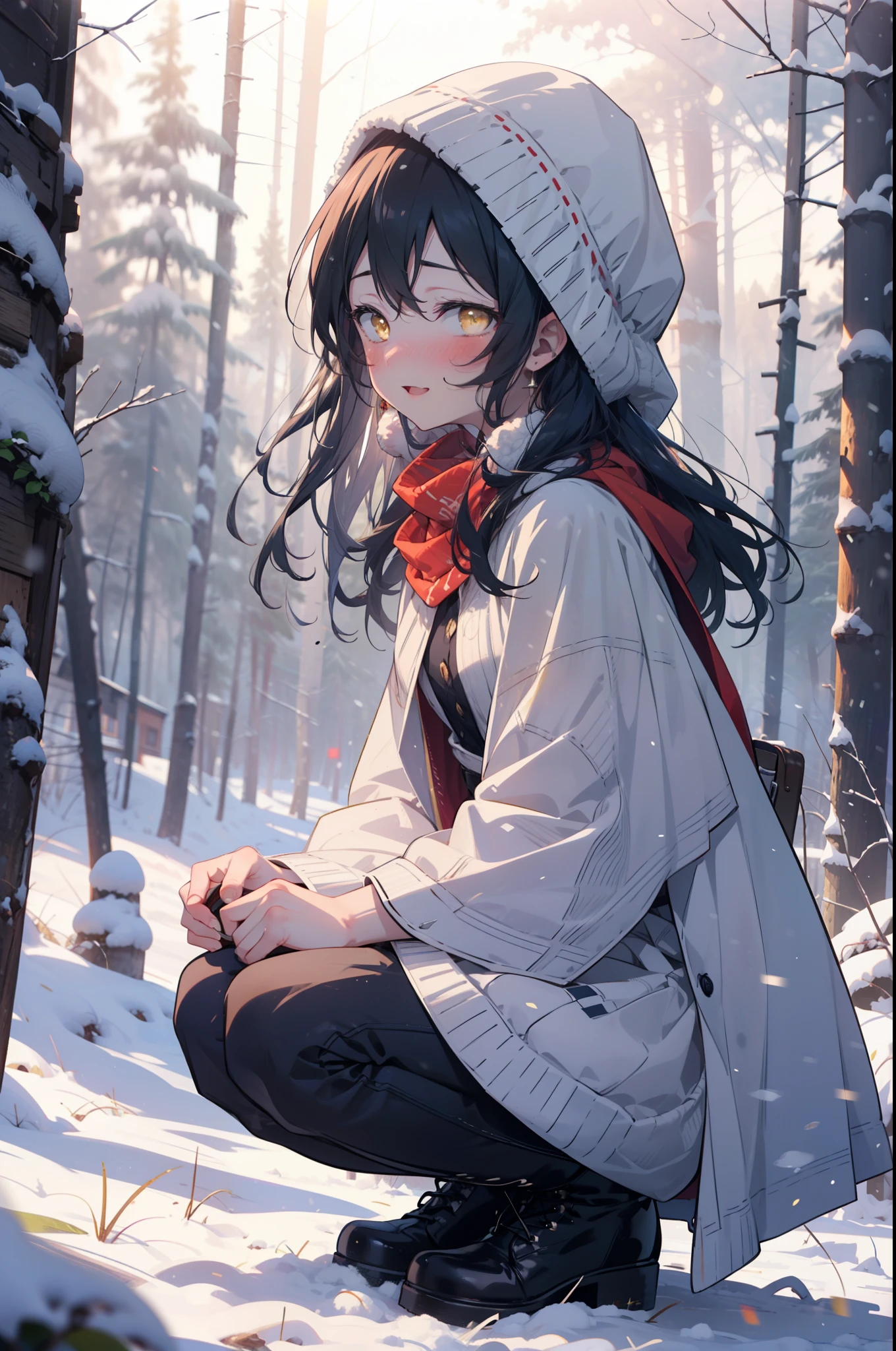 You are so kind, umi sonoda, Long Hair, Blue Hair, (Yellow Eyes:1.5) (Flat Chest:1.2),smile,blush,White Breath,
Open your mouth,snow,A bonfire on the ground, Outdoor, boots, snowing, From the side, wood, suitcase, Cape, Blurred, Increase your meals, forest, White handbag, nature, Squat, Mouth closed, フードed Cape, winter, Written boundary depth, Black shoes, red Cape break looking at viewer, Upper Body, whole body, break Outdoor, forest, nature, break (masterpiece:1.2), highest quality, High resolution, unity 8k wallpaper, (shape:0.8), (Beautiful and beautiful eyes:1.6), Highly detailed face, Perfect lighting, Highly detailed CG, (Perfect hands, Perfect Anatomy),