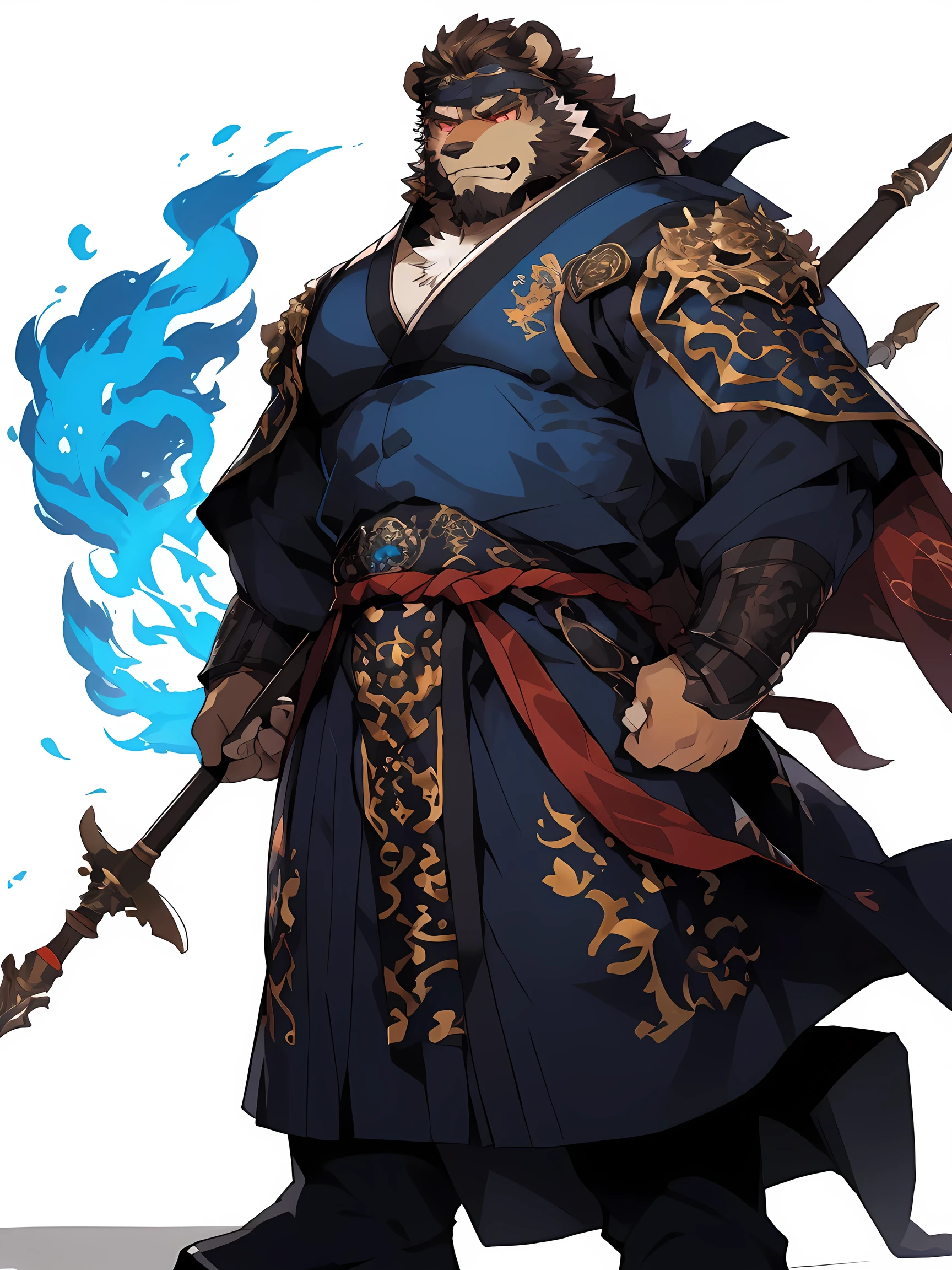 (Brown Bear),(Blue Flame General Shirt),Holding a spear,Powerful gesture,Stand confidently and proudly,(The background is the endless sea:1.2),abdominal muscle,Heroic Stance,A perfect masterpiece,Various facial details,Long-range view,specific description,masterpiece,CG,(Pale red eyes),Light green pattern,General,Heroic Stance,Brown Bear,Blue costume jewelry,Specific facial details,Half Body,(Blue Flame General Shoes),(Chang Ling),((middle aged)),(Face focus),(16K),HD,Brown and white belly,temple,beard,(facial lines),(Blue Fire Battle Robe),(Brown hair,White snout),Strong,muscle,(high resolution:1.3),Weeds underfoot