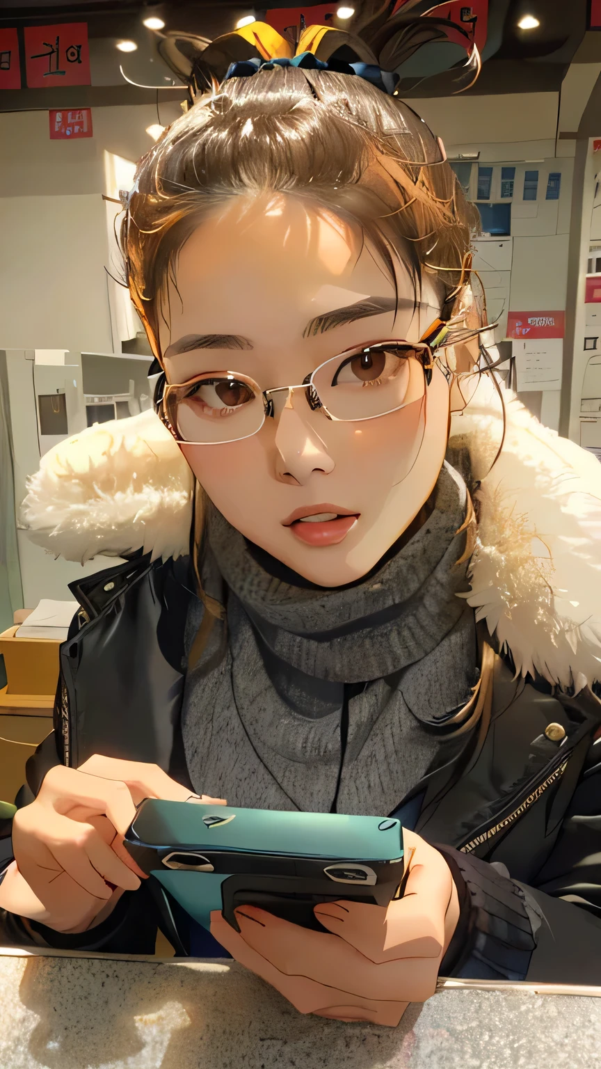 arafed young woman in glasses looking at a cell phone, wearing thin large round glasses, sangsoo jeong, wearing glack glasses, with glasses, with black eyeglasses, heonhwa choe, korean woman, !!wearing modern glasses!!, wearing round glasses, with square glasses, wearing black frame glasses, wearing small round glasses, wearing square glasses