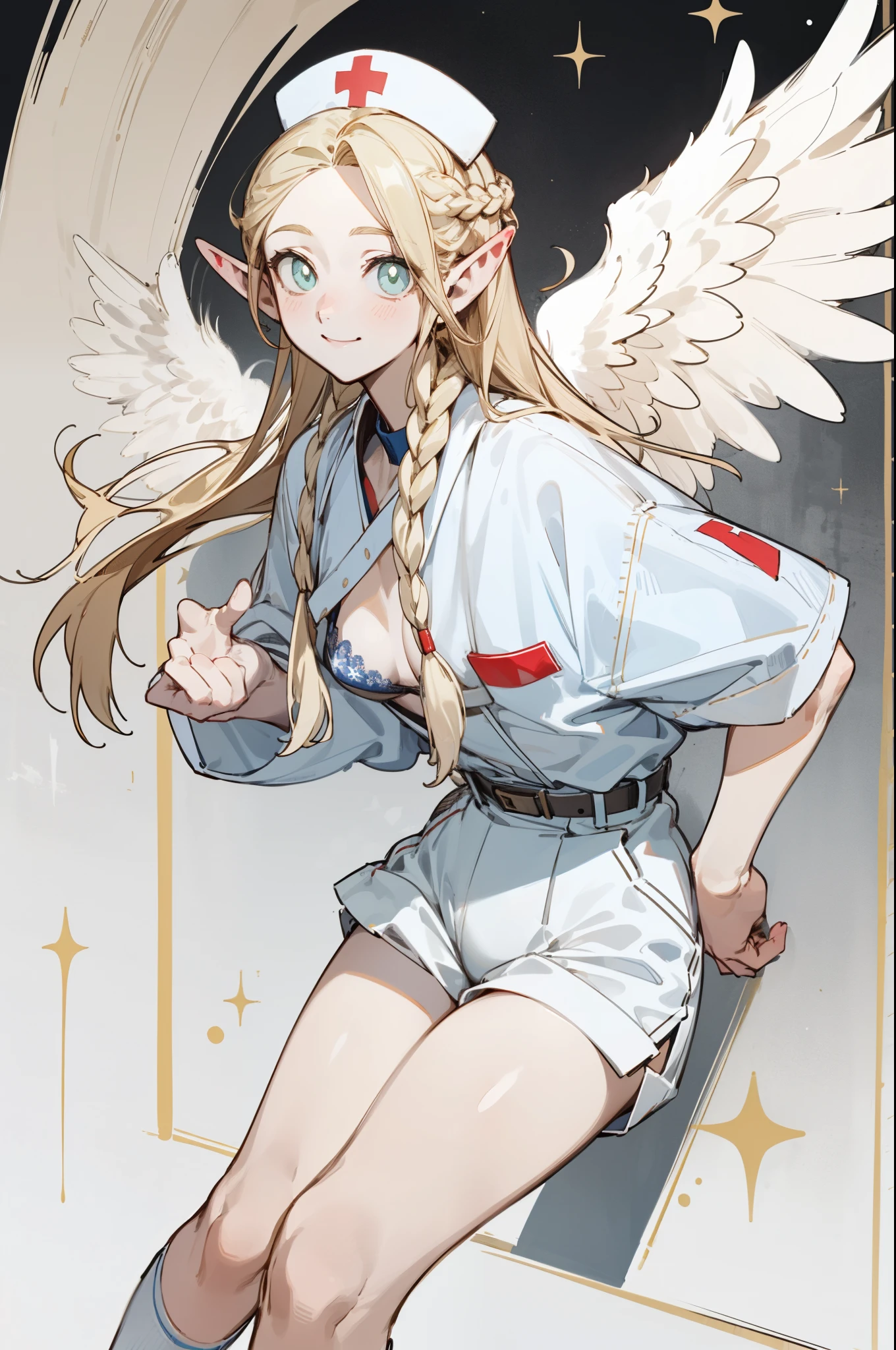 Wearing a bikini、Wearing a hat and headphones,(masterpiece, best quality) detailed,silver accessories , Blonde ,elegant, Pointed ears ,White shirt,shorts,Double tail,Waist-length hair,Smile,Star decoration,White lace socks,Angel,Nurse,(Nurse服装),Southern Hemisphere