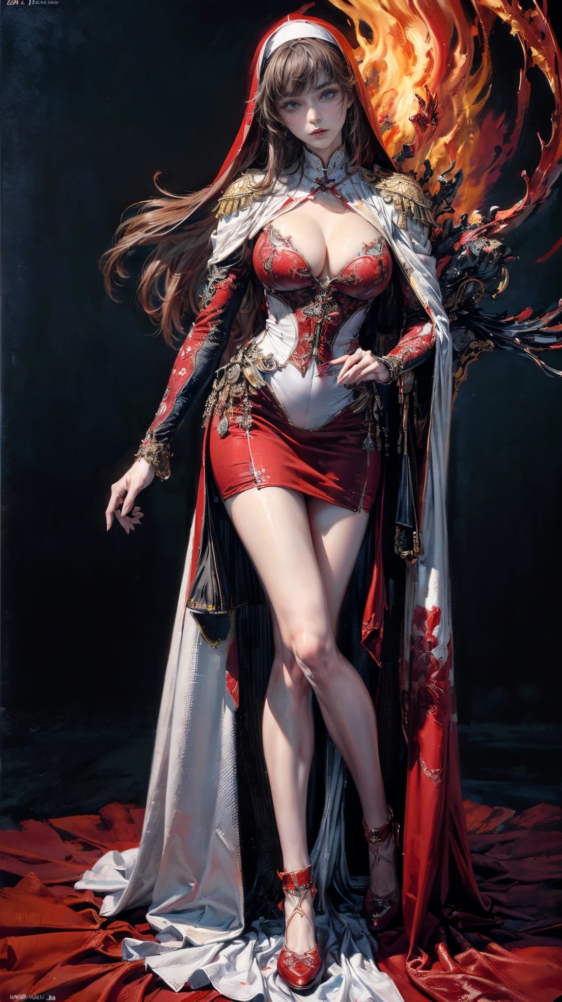 best quality (4K, high resolution, masterpiece:1.2), ultra-detailed, realistic (photo-realistic:1.37), Seraphina, the Inquisitor Rising Star of the Holy Order, ((full body portrait)), ((standing powerfully)), ((wearing elaborate and provocative white and red warrior nun outfit), (reveal cleavages), commanding yet alluring gaze, ((intense blue eyes)), (flowing long fiery brunette hair), intense and determined aura with a hint of divine force, (( white and red color scheme)), (exceptionally detailed:1.3), super finely detailed and clawed hands, ultra finely detailed fingers (ten fingers), ((suggestive and intimidating posing)), ((full body showcase)), no logos in the background.