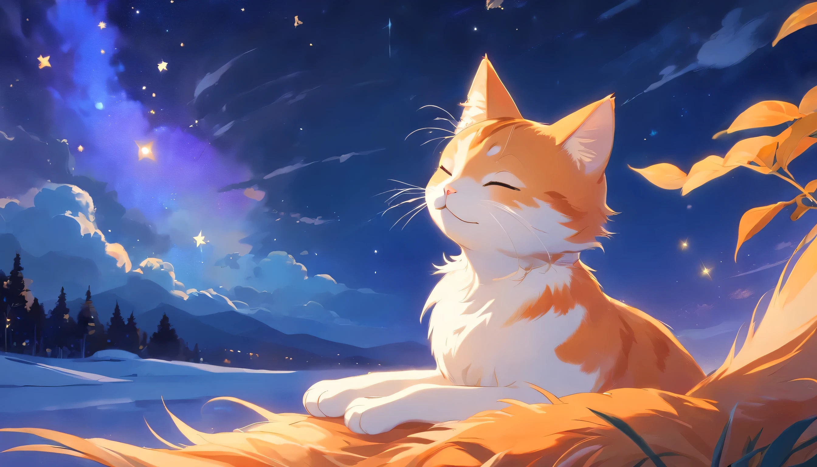 Viewing angle is close-up, HD, Disney Pixar style, digital painting, natural light, rich background, edge lighting, fantastic tones, color palette, aspect ratio 16:9 This photo depicts a small orange and white cat I close my eyes and lie peacefully on top of the snow-like clouds, as if I was dreaming a sweet dream. The cat's expression is very calm and content, and the corners of its mouth are slightly raised, as if it is smiling. The background of the painting is a fantastic starry sky, decorated with stars and soft halos, some of which are connected by graceful lines, creating a quiet and peaceful night atmosphere. The overall style can be described as full of fantasy and fairy tale colors. . The entire image is dominated by warm, bright colors, and the colors are used in a soft, layered manner. The orange and white cat contrasts sharply with the dark blue and purple background, creating warm and cool tones that enhance the cozy atmosphere of the photo. It expresses a feeling of peace, warmth, and comfort, and looking at it makes you feel very relaxed and happy. that. In addition, the depiction of details such as the cat's fur, the fluffiness of the clouds, and the twinkle of starlight is exquisite, enhancing the delicateness and charm of the painting. I am sleeping with both eyes closed.