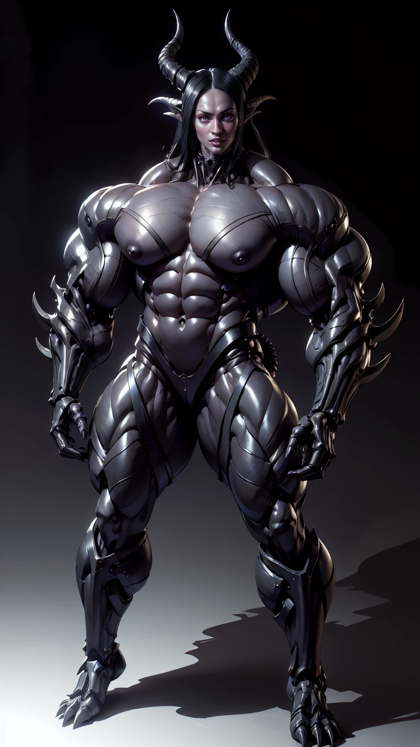 (draconic alien biomechanical succubus with carnage & witchblade physique:1.5), (megan fox as a muscular alien draconic biomechanical demonic woman with flayed skin, gigantic horns, & necrotic metallic muscle:1.5), (witchblade muscular anatomy:1.25), (perfect fingers:1.25), ((wide shoulders & upper body:1.25)), (very skinny legs:1), (huge muscular arms:1.25), (ten pack abs:1.25), (full body view:1.25), choker, detailed eyes, (looking at viewer), (smile:1.25), (blank dark background:1.25), in the art style of H.P. Giger, (beautiful girl face:1.25)