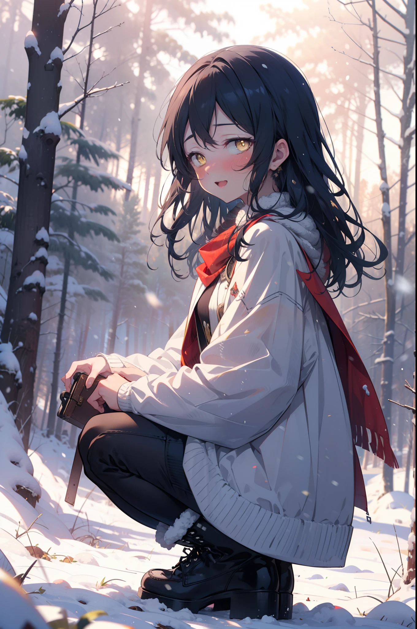 You are so kind, umi sonoda, Long Hair, Blue Hair, (Yellow Eyes:1.5) (Flat Chest:1.2),smile,blush,White Breath,
Open your mouth,snow,A bonfire on the ground, Outdoor, boots, snowing, From the side, wood, suitcase, Cape, Blurred, Increase your meals, forest, White handbag, nature,  Squat, Mouth closed, フードed Cape, winter, Written boundary depth, Black shoes, red Cape break looking at viewer, Upper Body, whole body, break Outdoor, forest, nature, break (masterpiece:1.2), highest quality, High resolution, unity 8k wallpaper, (shape:0.8), (Beautiful and beautiful eyes:1.6), Highly detailed face, Perfect lighting, Highly detailed CG, (Perfect hands, Perfect Anatomy),