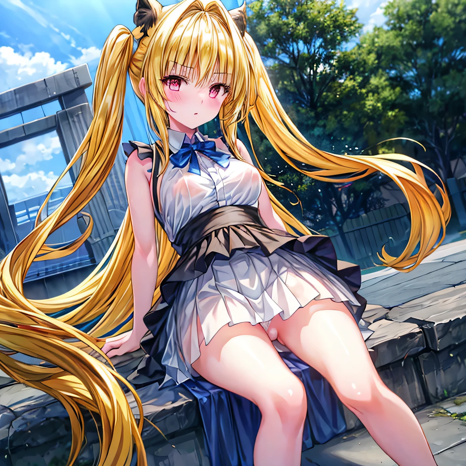 realistically, golden eyes, twintail, glowing eyes, golden hair, white short skirt, extra short skirt, Blush, daytime, Wet, see through, sleeveless shirt, nipples, pussy, embarrass, Sit with your knees raised, windy, yami, the skirt is turned up, highest quality, High resolution, highly detailed face, bare crotch, highest detailed CG, perfect hands, perfect anatomy, wind blow skirt up, medium breast