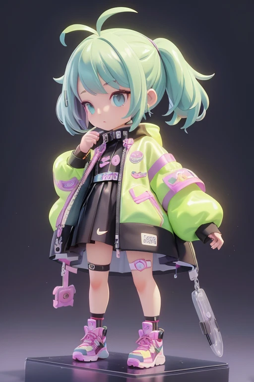 Cyberpunk background, Cute wrapped in transparent plastic, chibi, fluorescent translucent sports fashion trend clothing, wearing Nike shoes, candy color, simple and bright background, 3D toys, cyberpunk style, cinema4d, octane render, 3d model, collectible toys,Nendoroid,streetstyle,Pixar,big shoes , fashion trends, close-up, full body --ar 3:4 --q 2 50 --niji 5 --niji 5 --s 100 --style expressive --s 2, shy, upskirt focus view, under view, skirt lift, lowered panties, back view, wet pussy