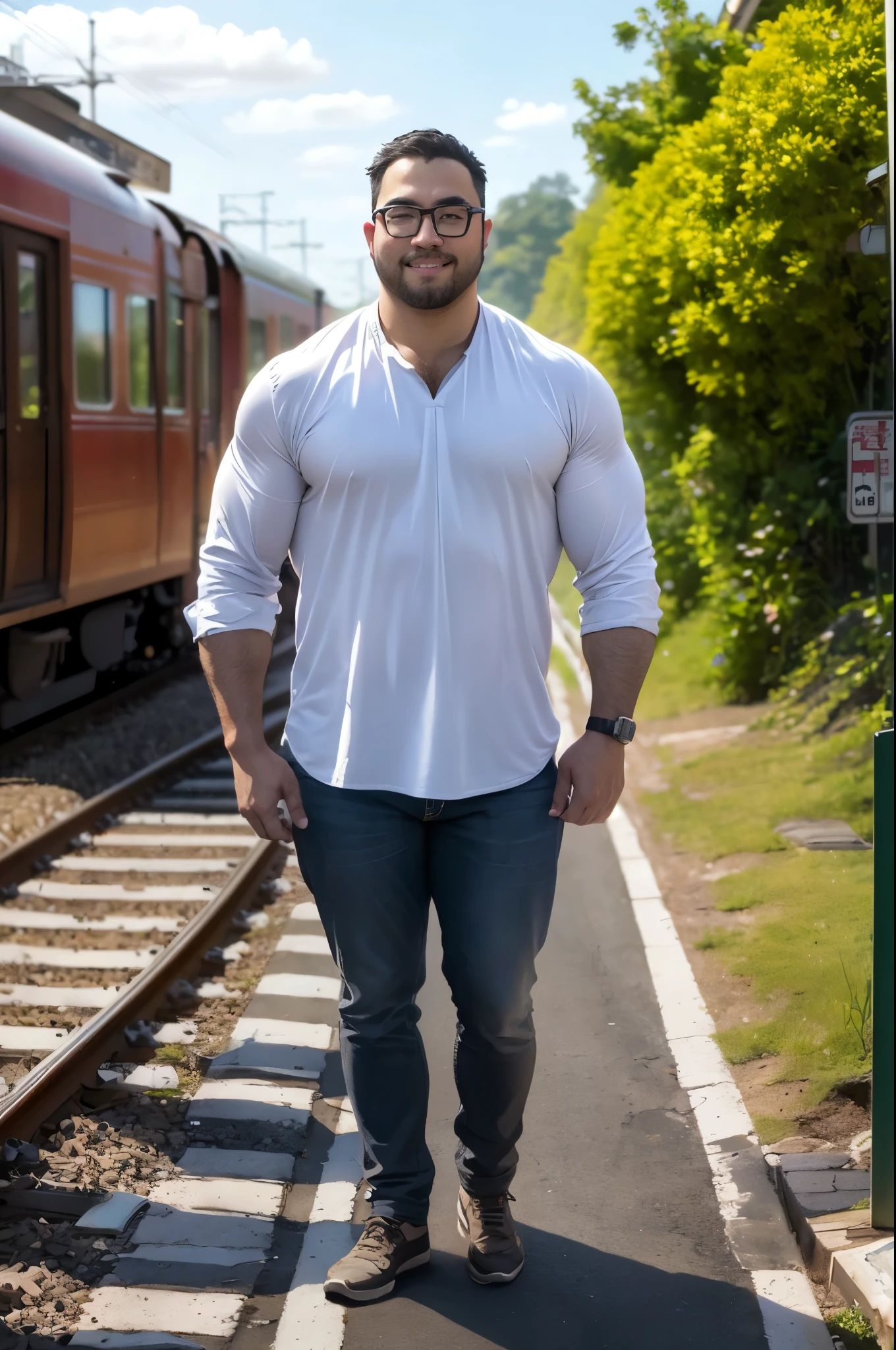 george pei, 1boy, solo, mature male, masterpiece, round face, short beard, stumble, glasses, stocky body, gay bear, big chest, muscular, ((best quality)), ((masterpiece)), ((realistic)),Disney,animation,8k wallpape,A handsome 30-year-old muscular male,broad shoulders,(stocky body),puffy nipple,musclebears,large pectorals, masterpiece,beautiful,extremely detailed,finely detailed,exquisite,(ultra high res),(8k UHD best quality), (realistic, photo-realistic:1.37), depth_of,blurry_background, photo_inset,Dramatic lighting,reference_inset,photo_background,photorealistic,looking_at_viewer,detailed skin,shiny skin,big park,smile,(((full body))),(((white blouse))),train, scenery, road sign, outdoors, sign, traffic light, road, building, crosswalk, ground vehicle, street, motor vehicle, city, lamppost, tree, power lines, car, real world location, sky, utility pole, cityscape, cloud, day, sidewalk, realistic, photo background, photo (medium), japan, kyoto,(((railroad tracks on the road)))