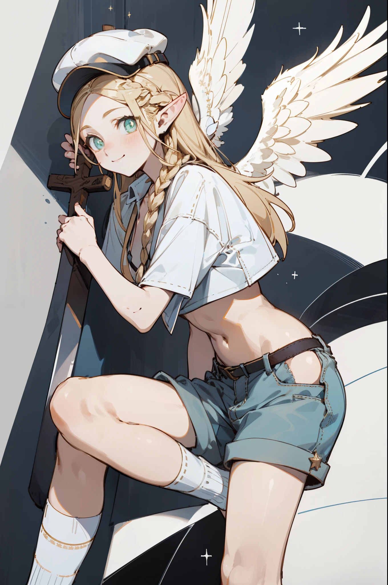 Wearing a bikini、Wearing a hat and a sword, Wearing headphones,(masterpiece, best quality) detailed,silver accessories , Blonde ,elegant, Pointed ears ,White shirt,shorts,Double tail,Waist-length hair,Smile,Star decoration,White lace socks,Angel,Cross,Cross decoration,