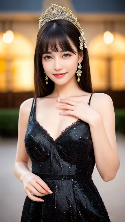 (masterpiece、highest quality: 1.4)、(High resolution: 1.4)、(Complex and beautiful: 1.2)、(Beautiful and aesthetic: 1.2)、(Super detailed: 1.2)、(Photographic: 1.2)、Raw photo、1girl, , cute女の子, , kawaii, (Small breasts:1.2)、Realistic body、、 Fair skin、Glowing Skin、Slender body、 Black Hair、Random hairstyle（bangs：1.2）、 smile、cute、Baby Face、Realistic Face、 Beautifully detailed eyes、Droopy eyes、、Take a full-body photo、$100 million dress and accessorieodel posing in front of the palace、100 million yen hair ornament、100 million yen accessories