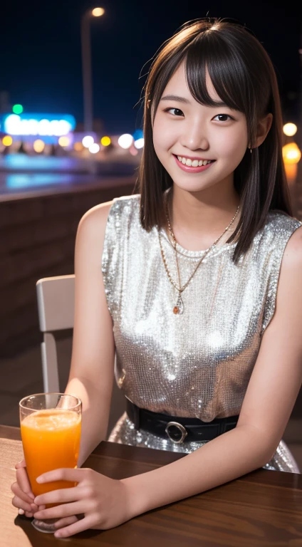 Tabletop, highest quality, 8k, 18-year-old, RAW Photos, Absurd, Award-winning portrait, smile, smile, alone, night, neon, Idol&#39;s face, Violet, Gardenias, Delicate girl, Full body photo, Standing posture、Digital SLR, View your viewers, Frank, Sophisticated, Zola々right, Thin arms, Professional Lighting, Film Grain, chromatic aberration, (Eyes and facial details:1.0), (Bokeh:1.1) , Shoulder out、Tight mini dress、Off the shoulder