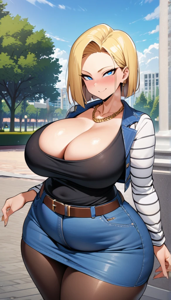 best quality, high-res, and18, 1girl, android 18, solo, blonde hair, blue eyes, belt, tight blue demin skirt, gold necklace, black shirt, short hair, long sleeves, striped sleeves, earrings, open vest, blue denim vest, massive fat breasts, cowboy shot, city park, full length pantyhose, very wide hips, tight clothes, sultry smile, very deep cleavage, massive wide fat round ass, big chubby belly, sexy very curvy very chubby very motherly body, slight blushing, bedroom eyes, from behind, looking back,