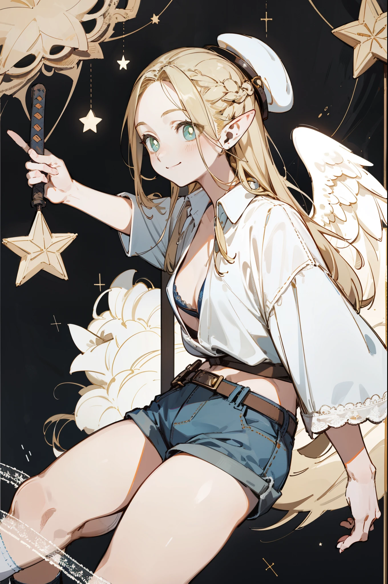 Wearing a bikini、Wearing a hat and a sword, Wearing headphones,(masterpiece, best quality) detailed,silver accessories , Blonde ,elegant, Pointed ears ,White shirt,shorts,Double tail,Waist-length hair,Smile,Star decoration,White lace socks,Angel,Cross,Cross decoration,