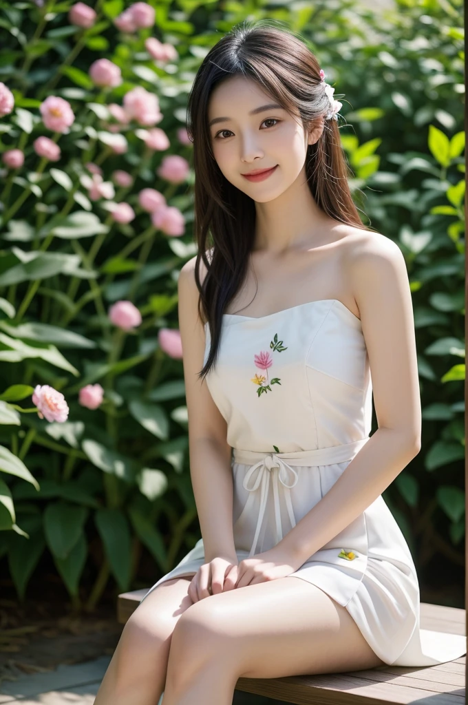 Realistic photo, beautiful Asian girl wearing a delicate short hanfu, curvy figure, slim waist, bare shoulders, thighs, smiling, sitting, flower garden.