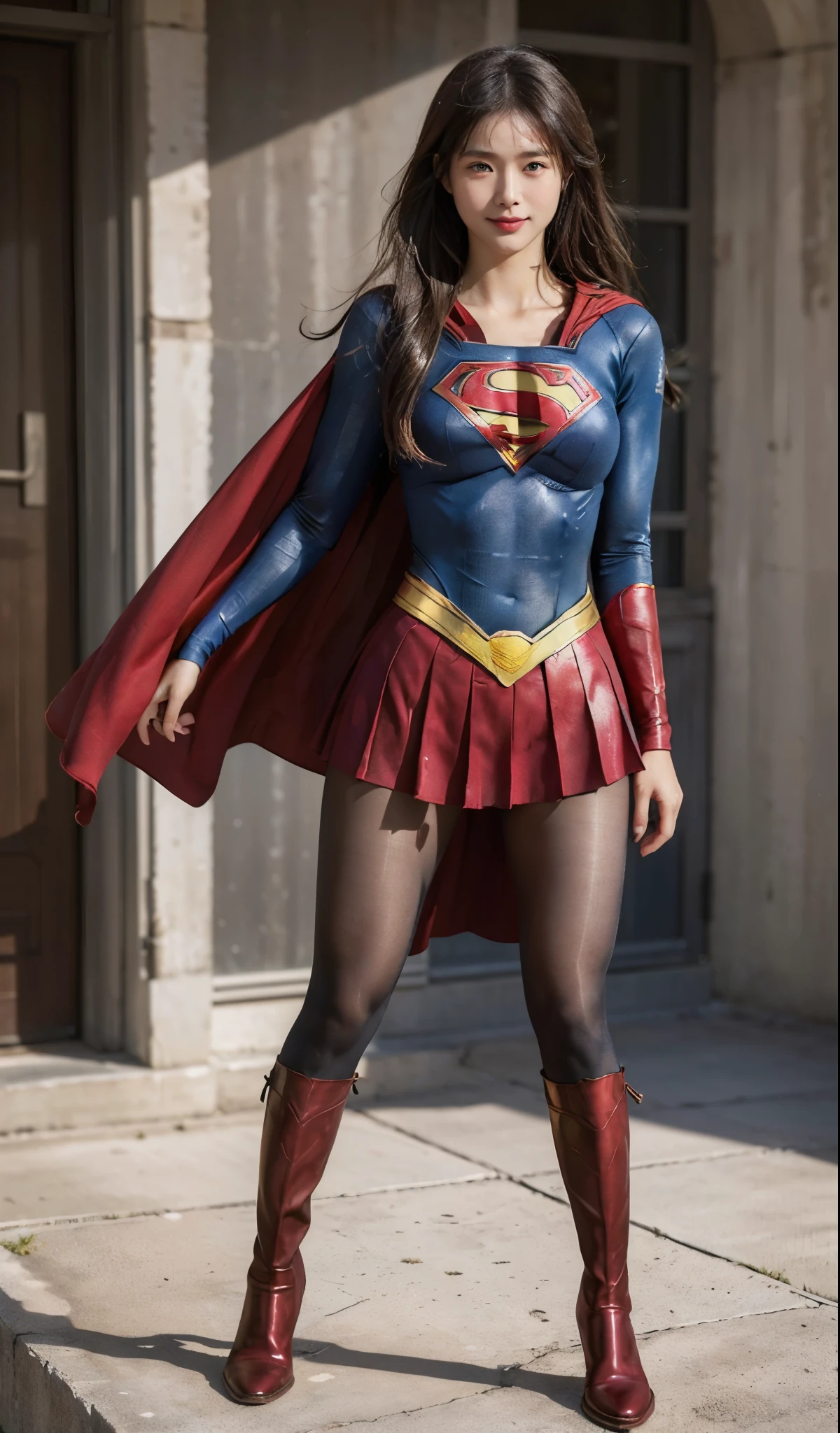 No background、(((Beautiful legs in black tights.)))、(((Legally express the beauty of your smile)))、((((Make the most of your original images)))、(((Supergirl Costume)))、(((Beautiful Hair)))、(((suffering)))、(((Please wear black tights....、Wear red boots)))、((Best image quality、8k))、((highest quality、8k、masterpiece:1.3))、(((Preserve background )))、Sharp focus:1.2、Beautiful woman with perfect figure:1.4、Slim Abs:1.2、Wet body:1.5、Highly detailed face and skin texture、8k