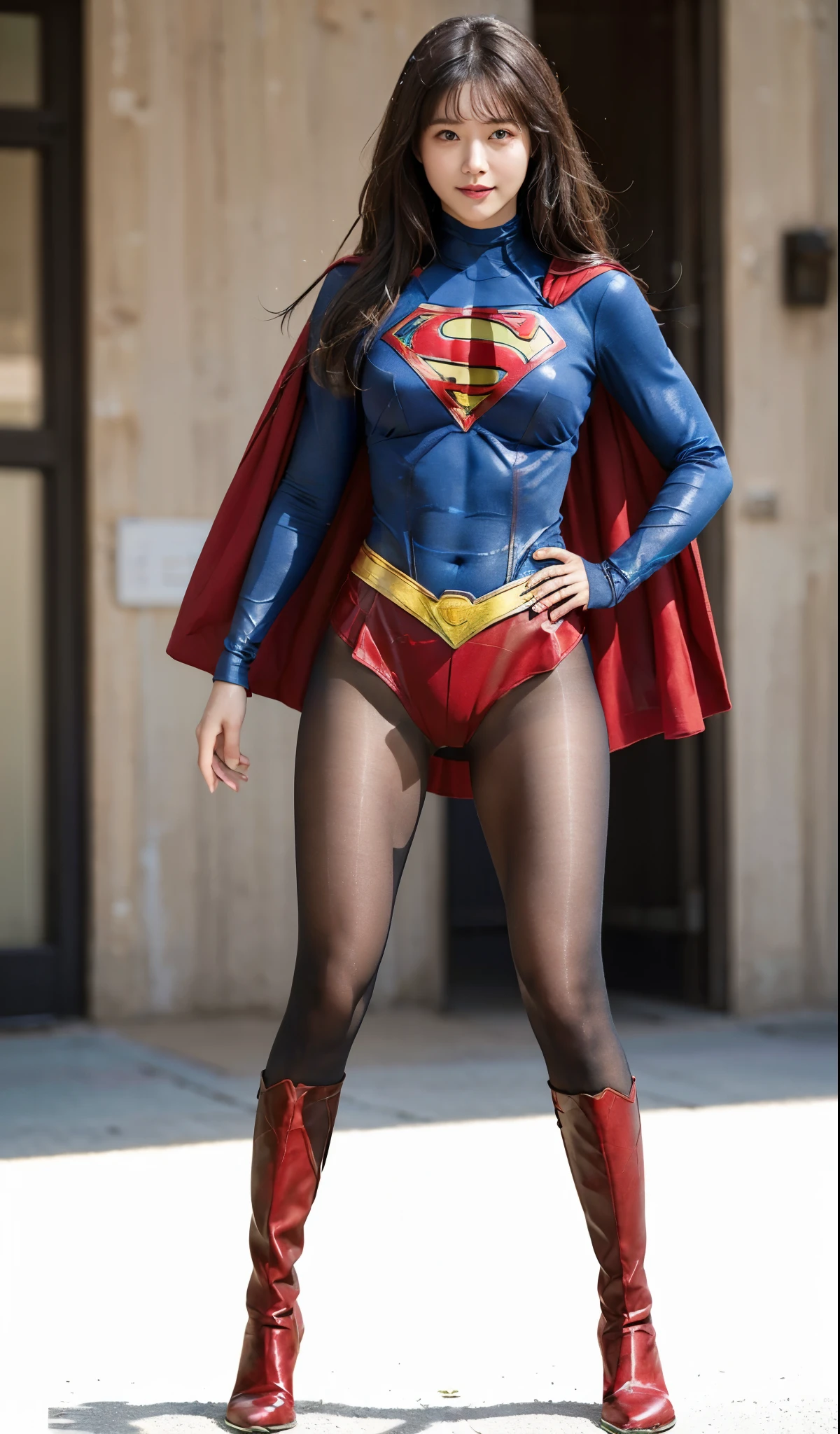 No background、(((Beautiful legs in black tights.)))、(((Legally express the beauty of your smile)))、((((Make the most of your original images)))、(((Supergirl Costume)))、(((Beautiful Hair)))、(((suffering)))、(((Please wear black tights....、Wear red boots)))、((Best image quality、8k))、((highest quality、8k、masterpiece:1.3))、(((Preserve background )))、Sharp focus:1.2、Beautiful woman with perfect figure:1.4、Slim Abs:1.2、Wet body:1.5、Highly detailed face and skin texture、8k