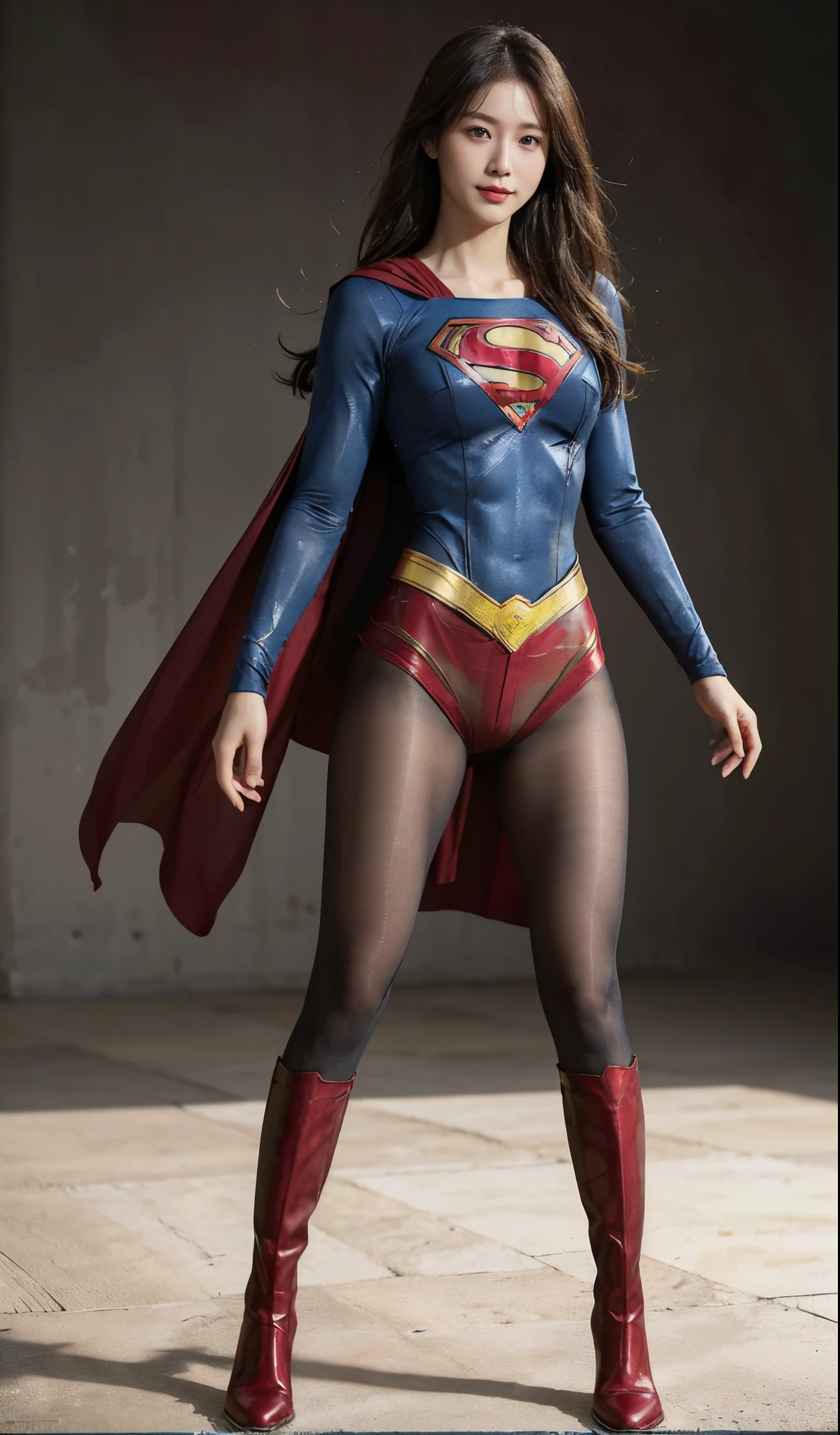 No background、(((Beautiful legs in black tights.)))、(((Legally express the beauty of your smile)))、((((Make the most of your original images)))、(((Supergirl Costume)))、(((Beautiful Hair)))、(((suffering)))、(((Please wear black tights....、Wear red boots)))、((Best image quality、8k))、((highest quality、8k、masterpiece:1.3))、(((Preserve background )))、Sharp focus:1.2、Beautiful woman with perfect figure:1.4、Slim Abs:1.2、Wet body:1.5、Highly detailed face and skin texture、8k