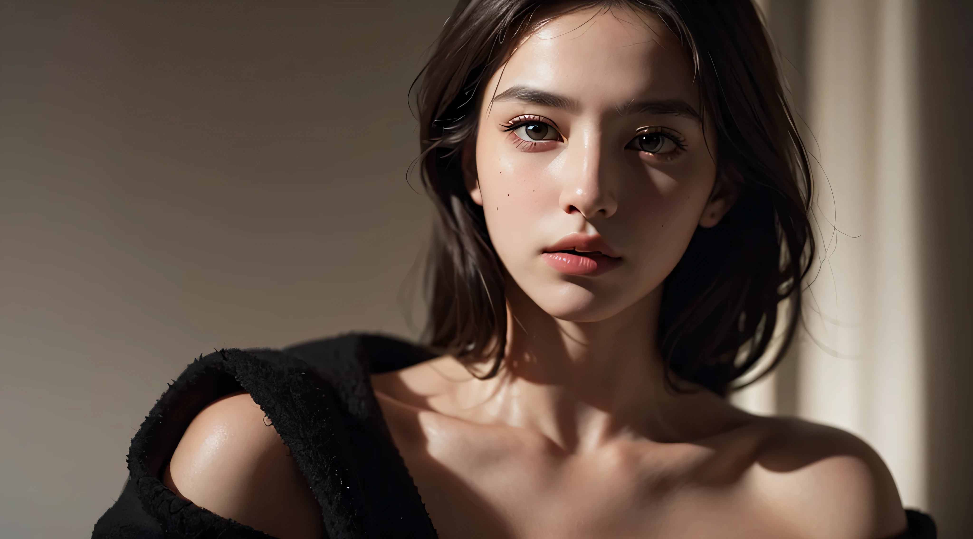Best quality, masterpiece, ultra high res, (photorealistic:1.4), raw photo, 1girl, offshoulder, in the dark, deep shadow, low key, cold light