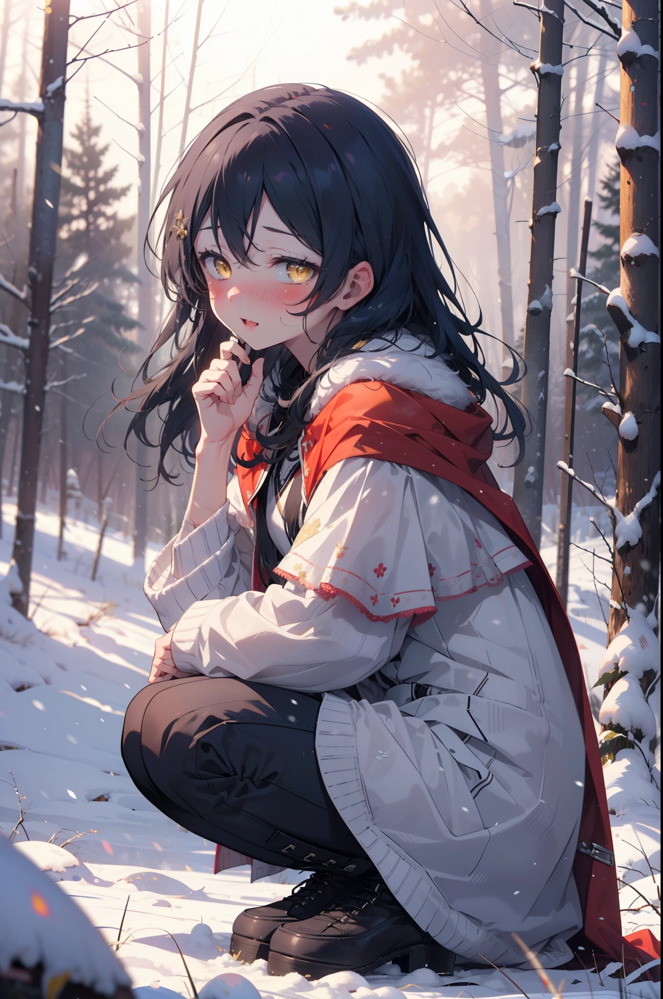 You are so kind, umi sonoda, Long Hair, Blue Hair, (Yellow Eyes:1.5) (Flat Chest:1.2),smile,blush,White Breath,
Open your mouth,snow,A bonfire on the ground, Outdoor, boots, snowing, From the side, wood, suitcase, Cape, Blurred, Increase your meals, forest, White handbag, nature,  Squat, Mouth closed, フードed Cape, winter, Written boundary depth, Black shoes, red Cape break looking at viewer, Upper Body, whole body, break Outdoor, forest, nature, break (masterpiece:1.2), highest quality, High resolution, unity 8k wallpaper, (shape:0.8), (Beautiful and beautiful eyes:1.6), Highly detailed face, Perfect lighting, Highly detailed CG, (Perfect hands, Perfect Anatomy),