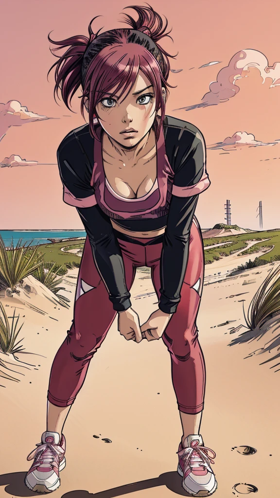 (best quality, highres), (vector image), (close-up), (anime), (junior girl), (colored hair), (gloomy orgasm), (blush), (sporty wetlook leggings), (sporty top), (near quicksand bog), (red), (blue), (sneakers), sport gloves