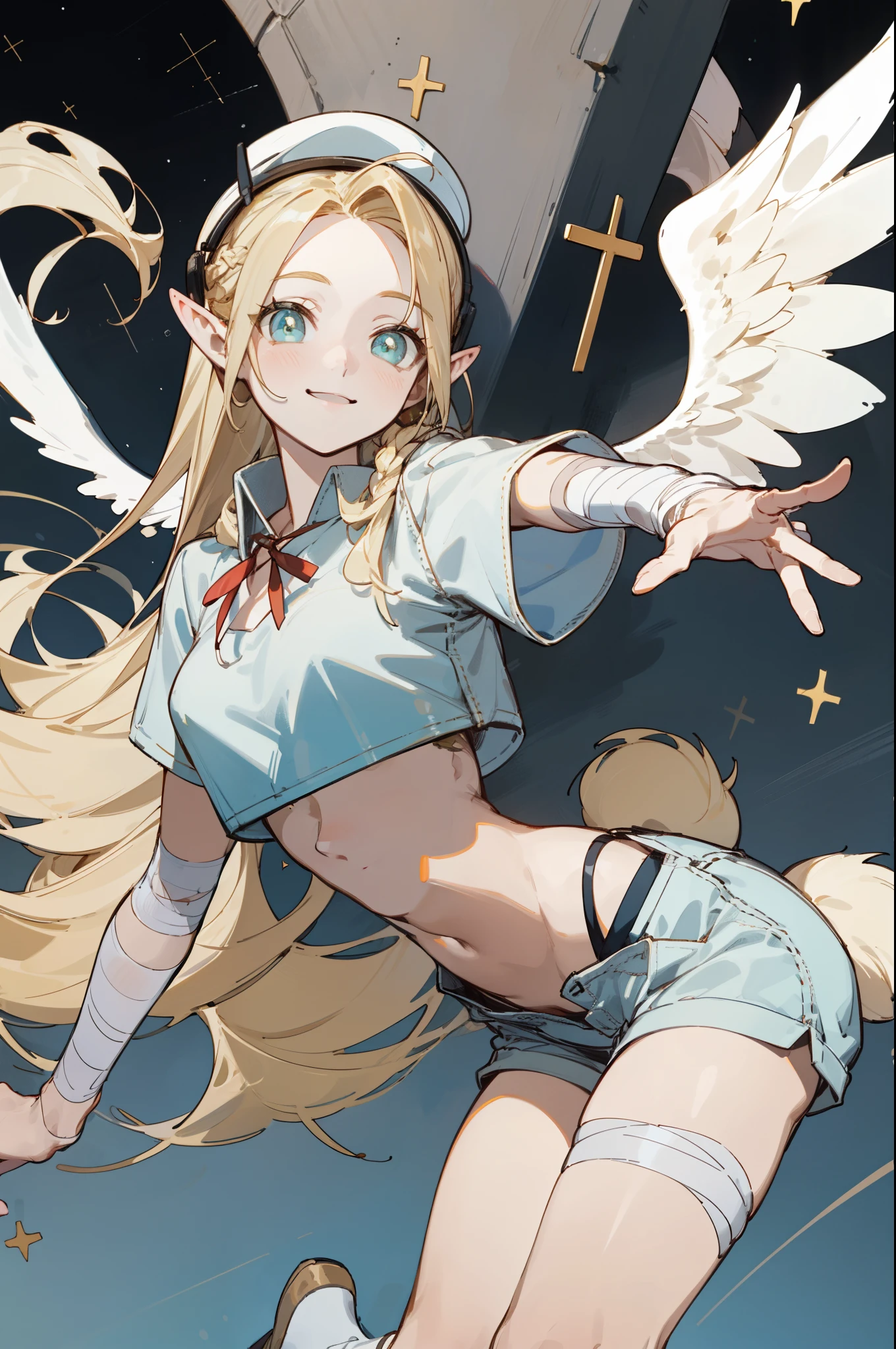 blonde hair, nude, naked, long hair, angel wings,large breasts, bare shoulders, elbow gloves, feathered wings, gloves, head wings, navel, pink ribbon, ribbon, single elbow glove, single glove, thigh strap, wings, very short ears