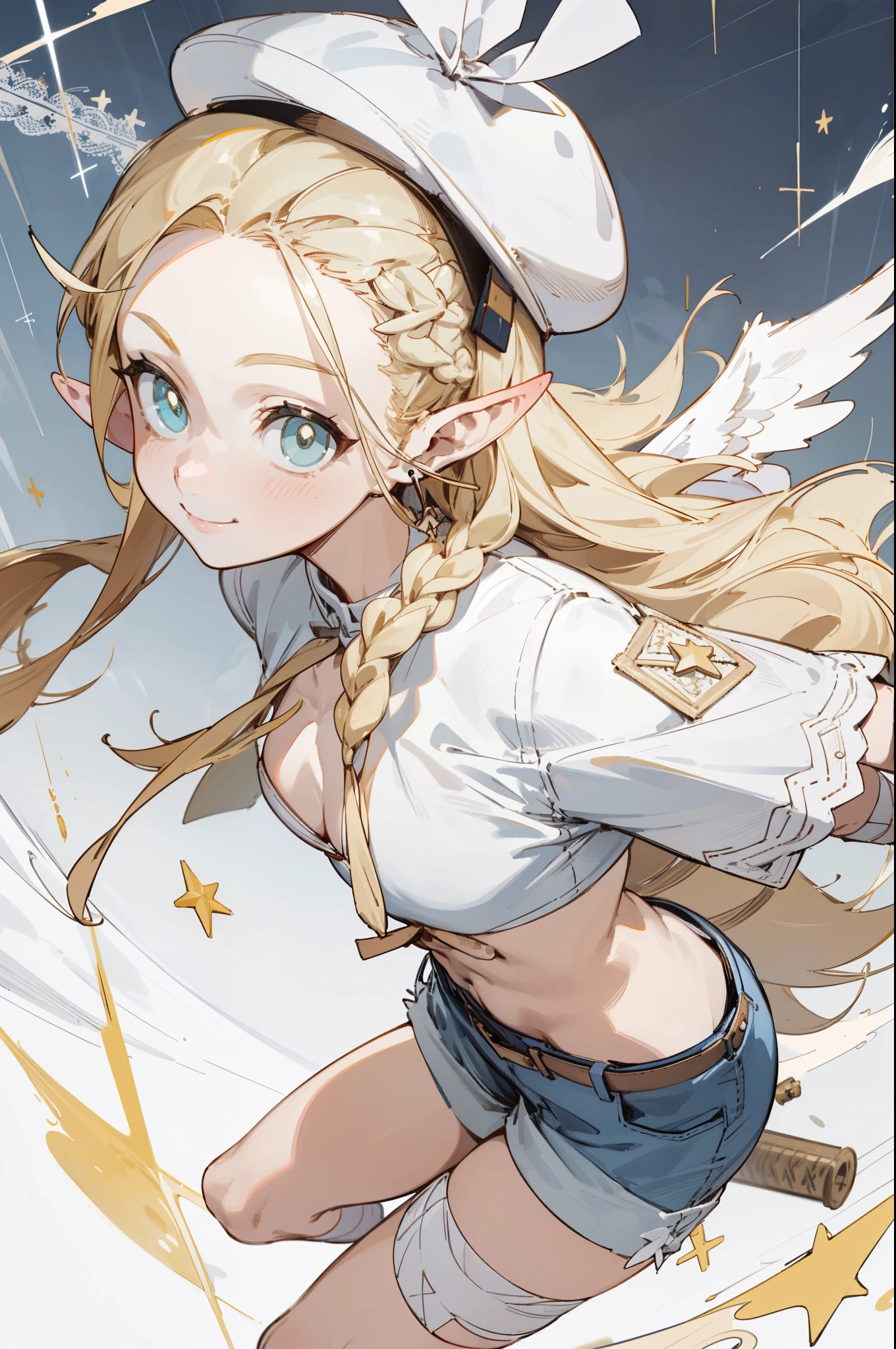 Wearing a bikini、Wearing a hat and a sword, Wearing headphones,(masterpiece, best quality) detailed,silver accessories , Blonde ,elegant, Pointed ears ，White shirt，shorts，Double tail，Waist-length hair，Smile，Star decoration，White lace socks，Angel，bandage，Cross，cross